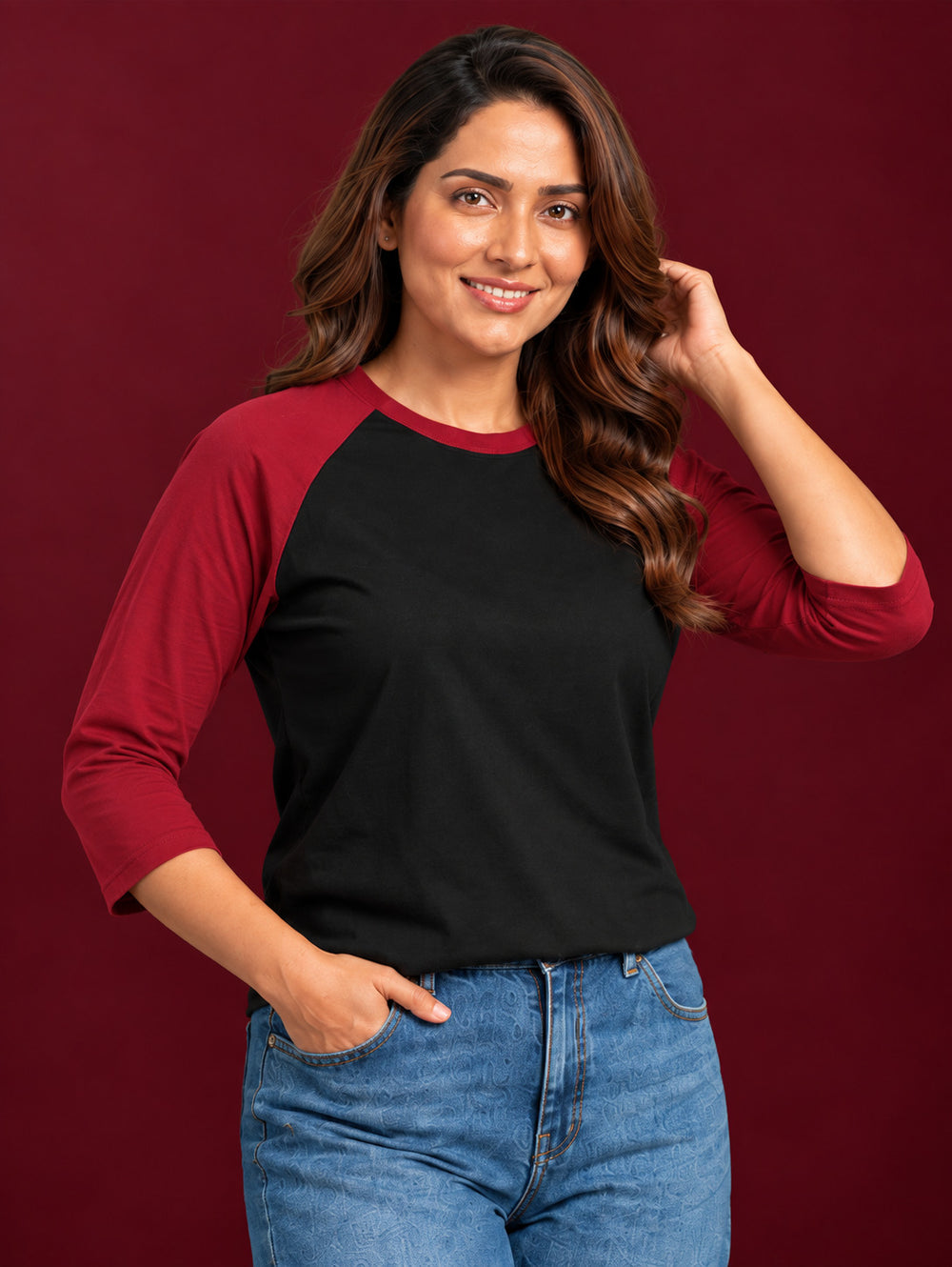 Women's Black & Maroon 3/4 Sleeve Raglan Tee