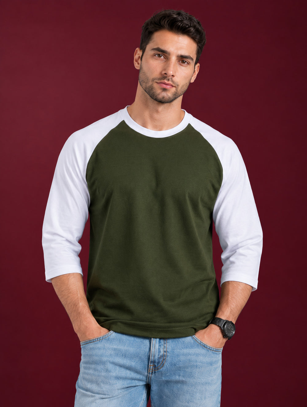 Olive & White 3/4 Sleeve Raglan Tee