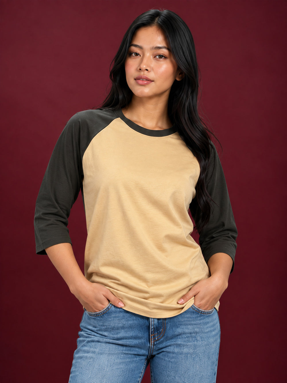 Women's Beige & Olive 3/4 Sleeve Raglan Tee
