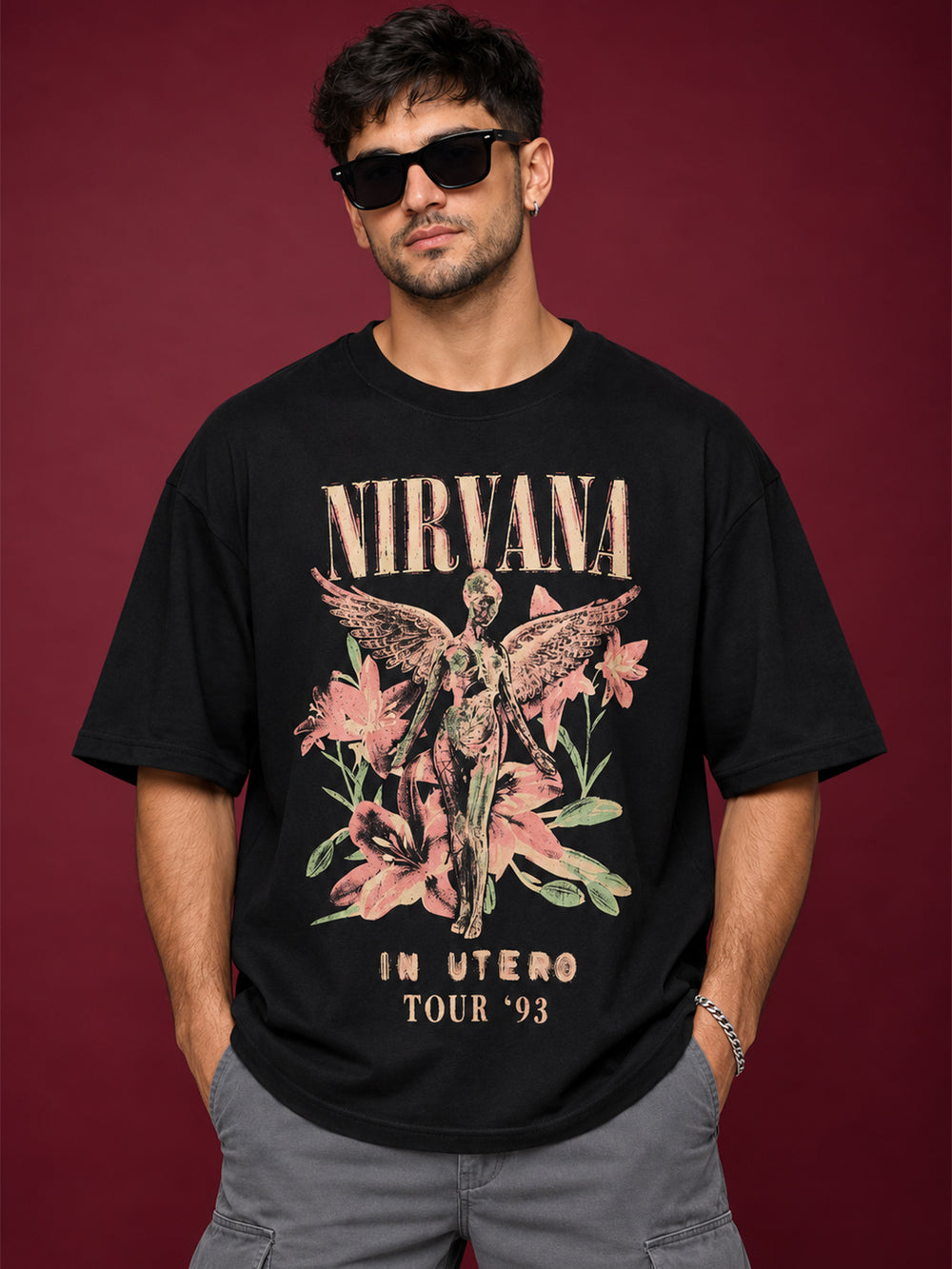 Nirvana Angel Floral Oversized Tee – Black
