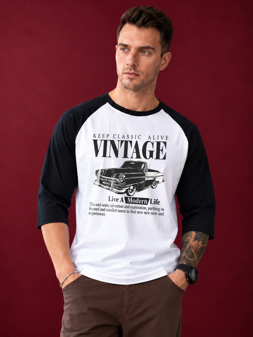 Vintage Car 3/4 Sleeve Raglan – White & Black