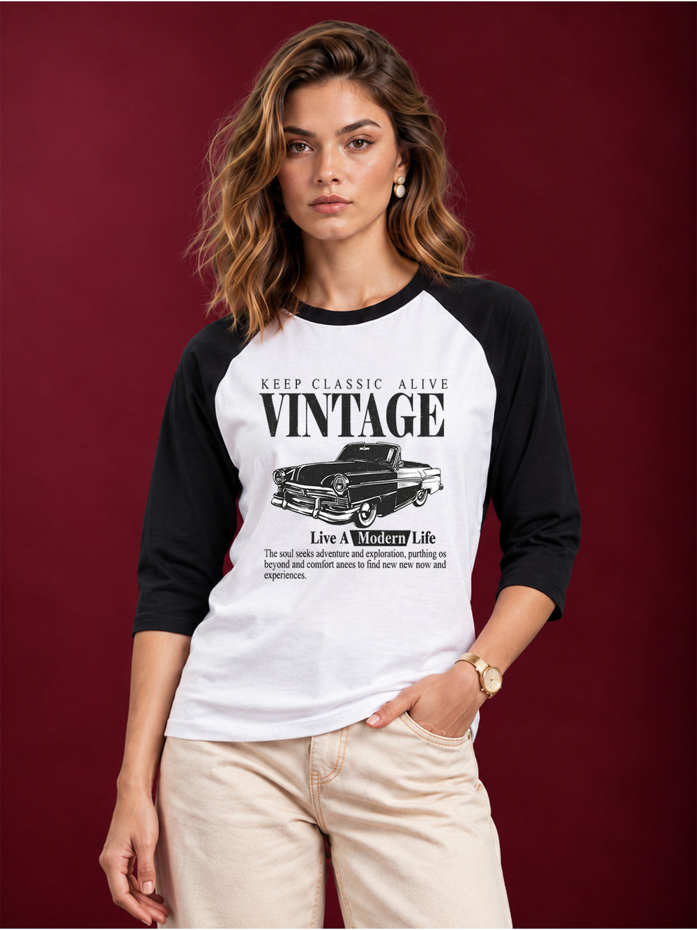 Women's Vintage Car 3/4 Sleeve Raglan