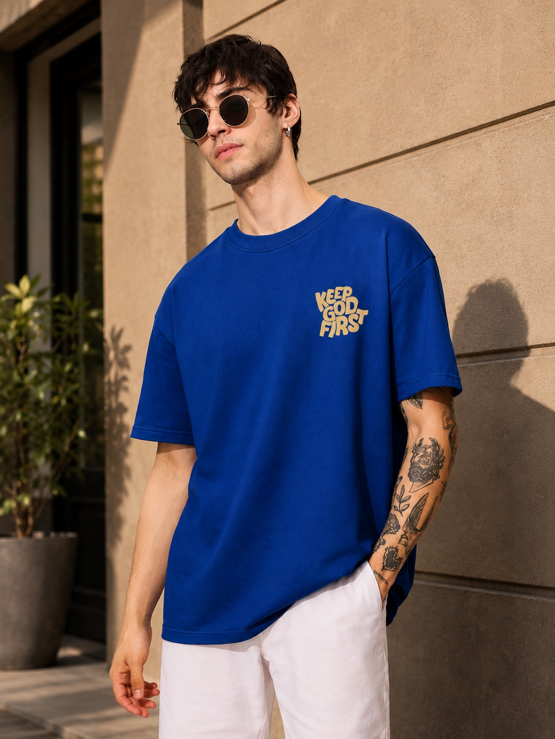 TeeVybe Men’s Royal Blue Graphic Printed Oversized T-Shirt | Keep Good First Motivational Print Casual Streetwear Tee