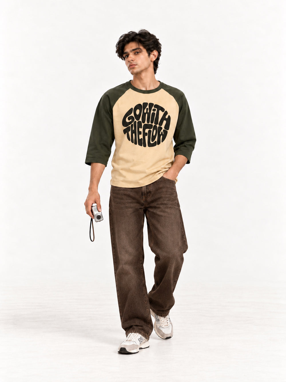 Go With The Flow Beige and Olive 3/4 Sleeve Raglan T-Shirt