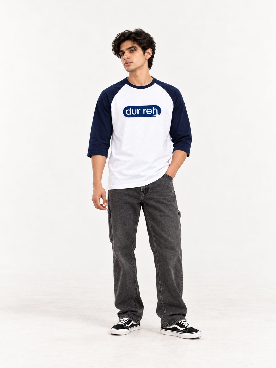 Dur Reh 3/4 Sleeve Raglan White and Navy