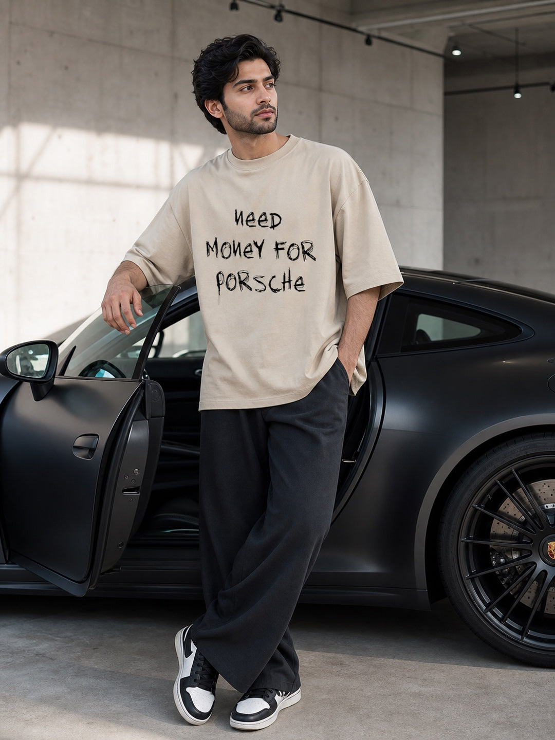 TeeVybe Men’s Beige Porsche GT3 RS Car Graphic Printed Oversized T-Shirt | Premium Automotive Streetwear Tee