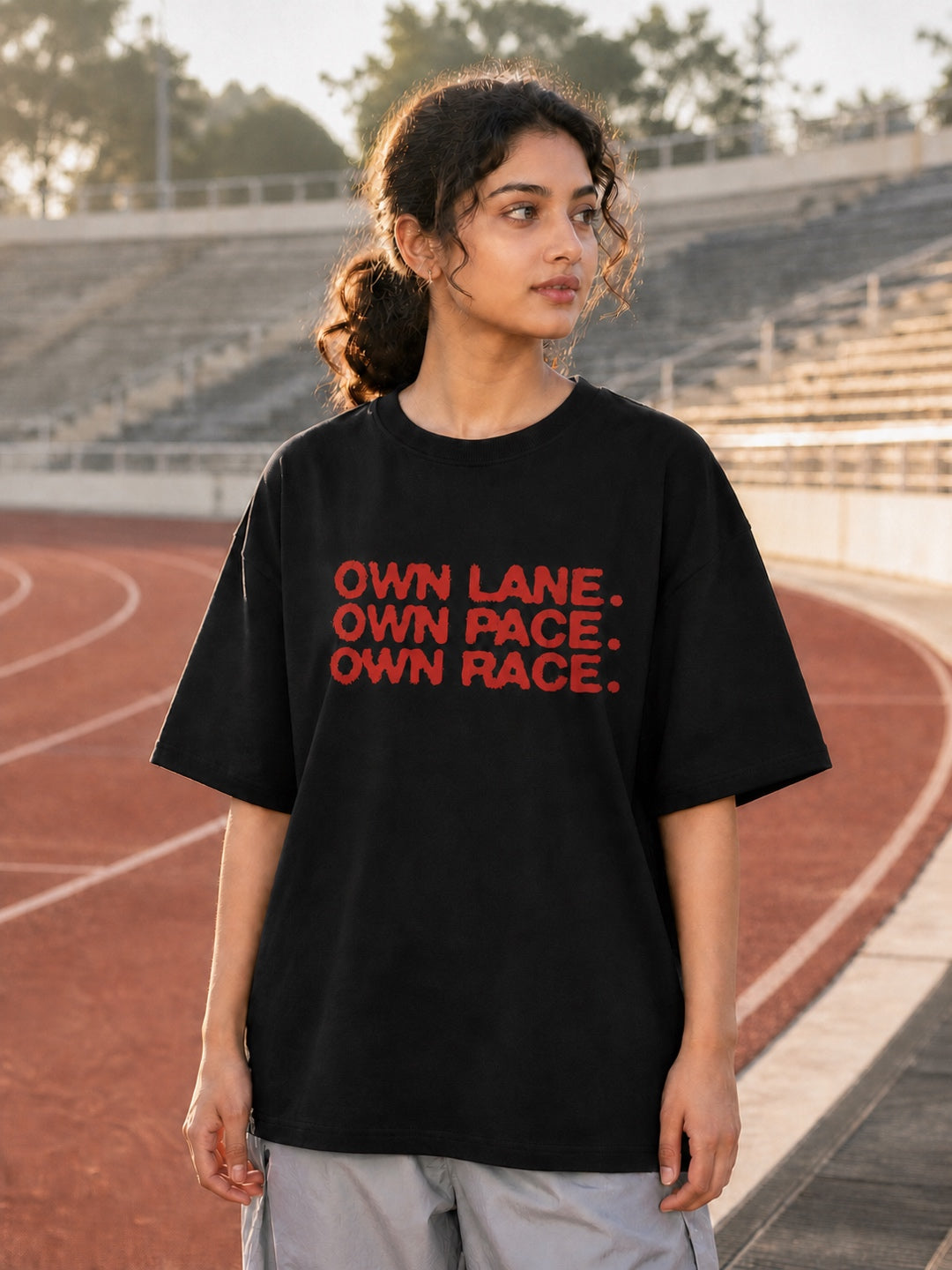 Tevybe Unisex Oversized Black T-Shirt – Own Lane Own Pace Own Race Graphic Print