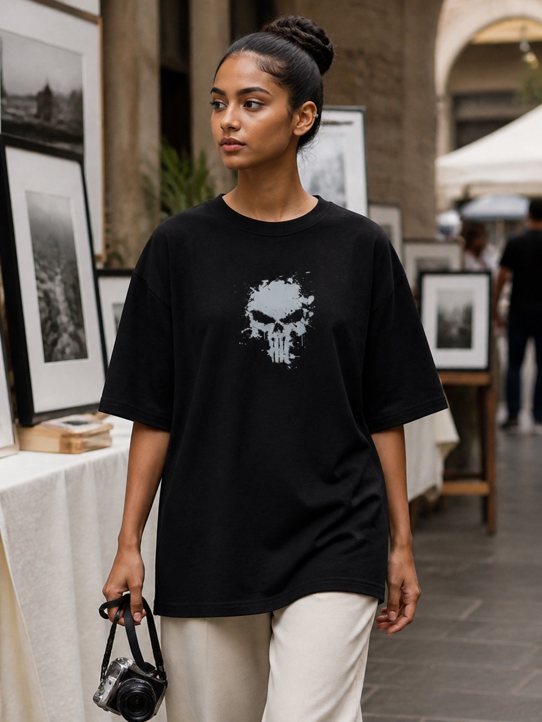 TeeVybe Women’s Black Graphic Printed Oversized T-Shirt | The Punisher Skull Graphic Back Print Streetwear Tee