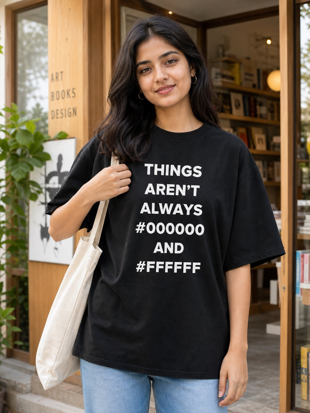 TeeVybe Women’s Black Graphic Printed Oversized T-Shirt | Things Aren’t Always Black & White Typography Tee