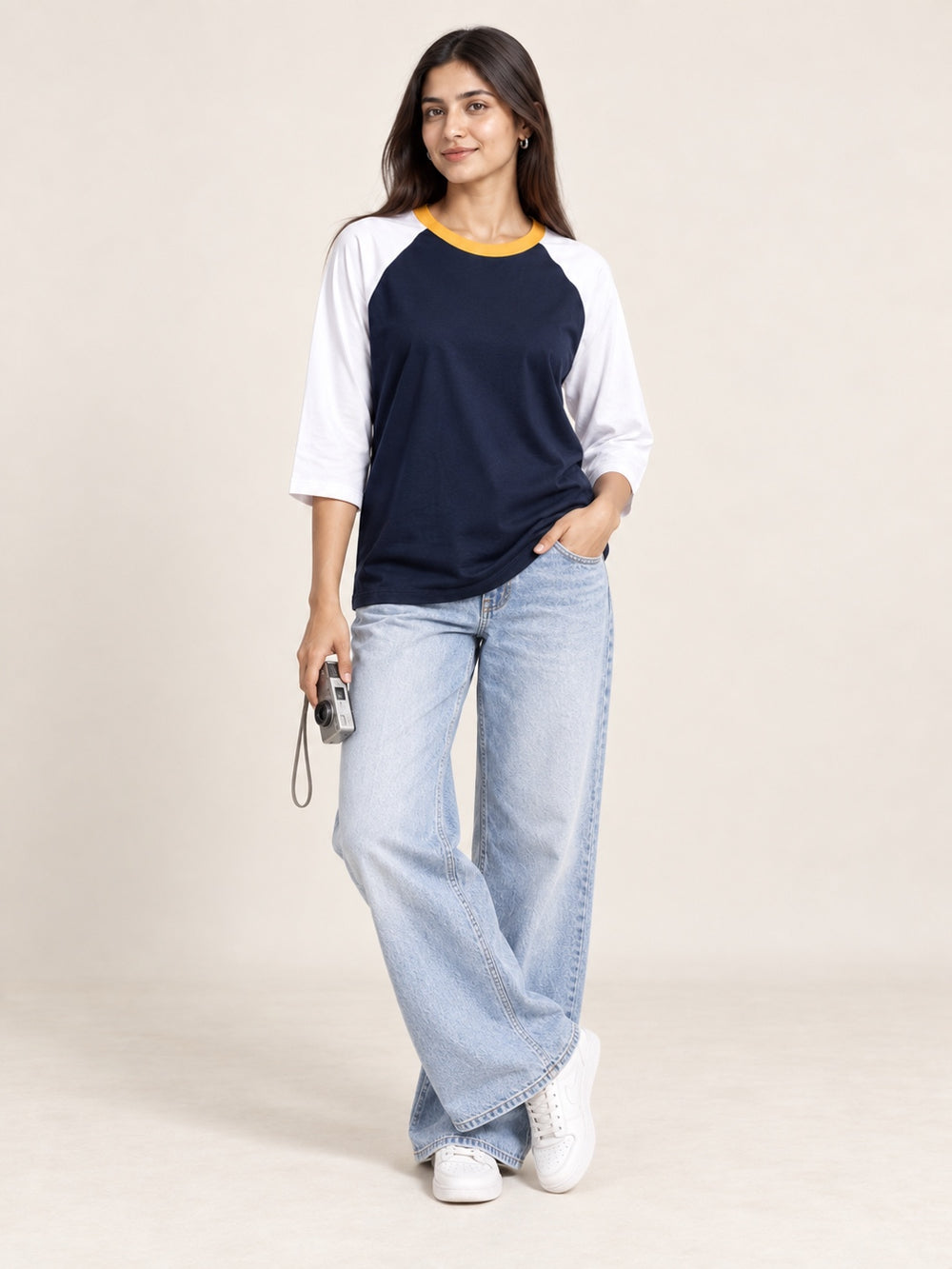 TeeVybe Women’s Navy Blue & White 3/4 Sleeve Raglan T-Shirt with Yellow Neck