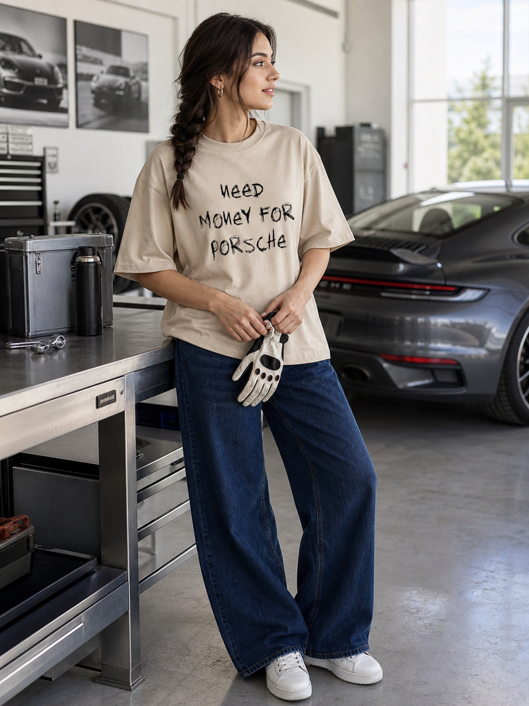 TeeVybe Women’s Beige Graphic Printed Oversized T-Shirt | Porsche Car Racing Graphic Back Print Streetwear Tee