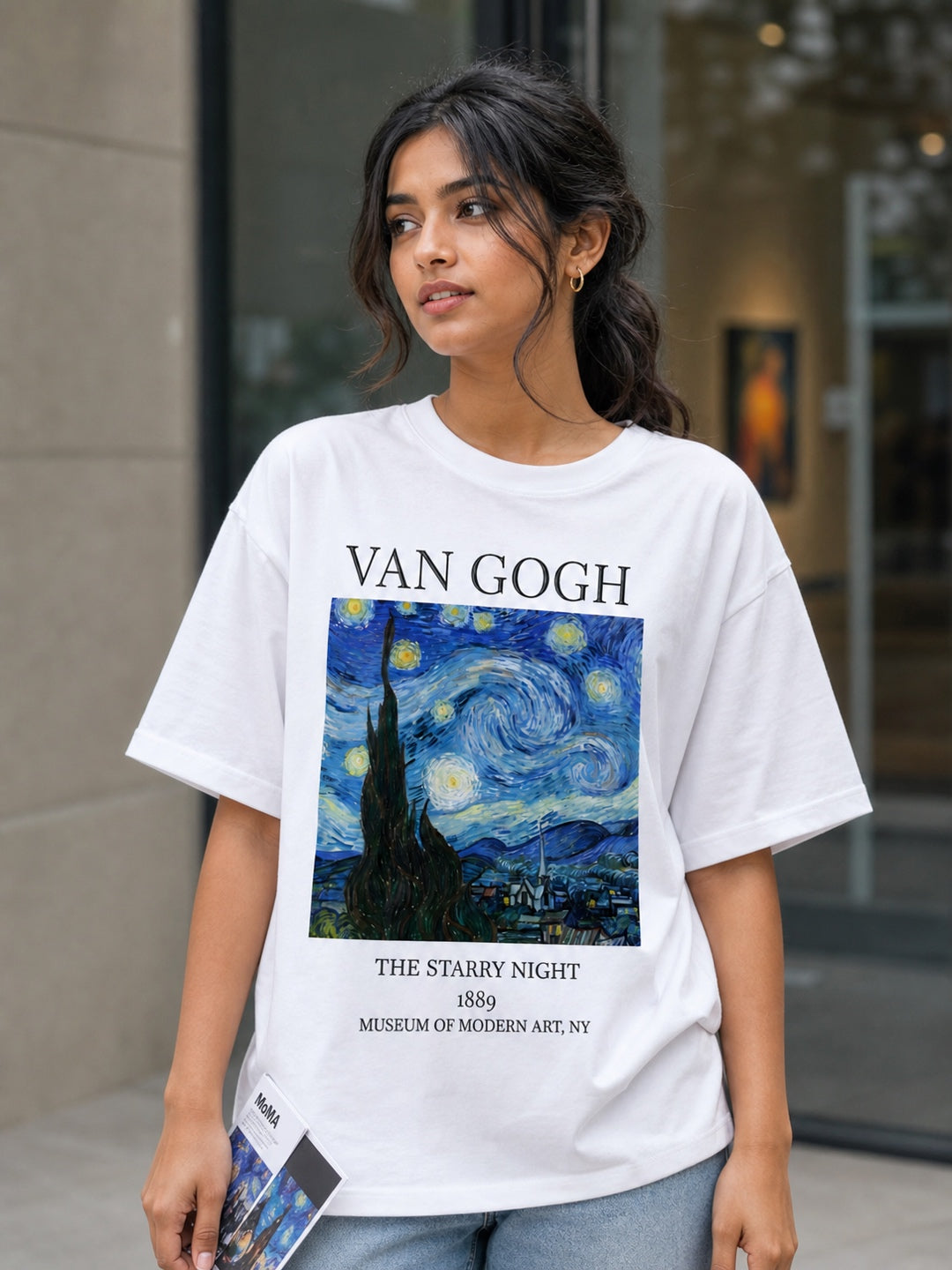 TeeVybe Women’s White Graphic Printed Oversized T-Shirt | Van Gogh Starry Night Artwork Casual Streetwear Tee