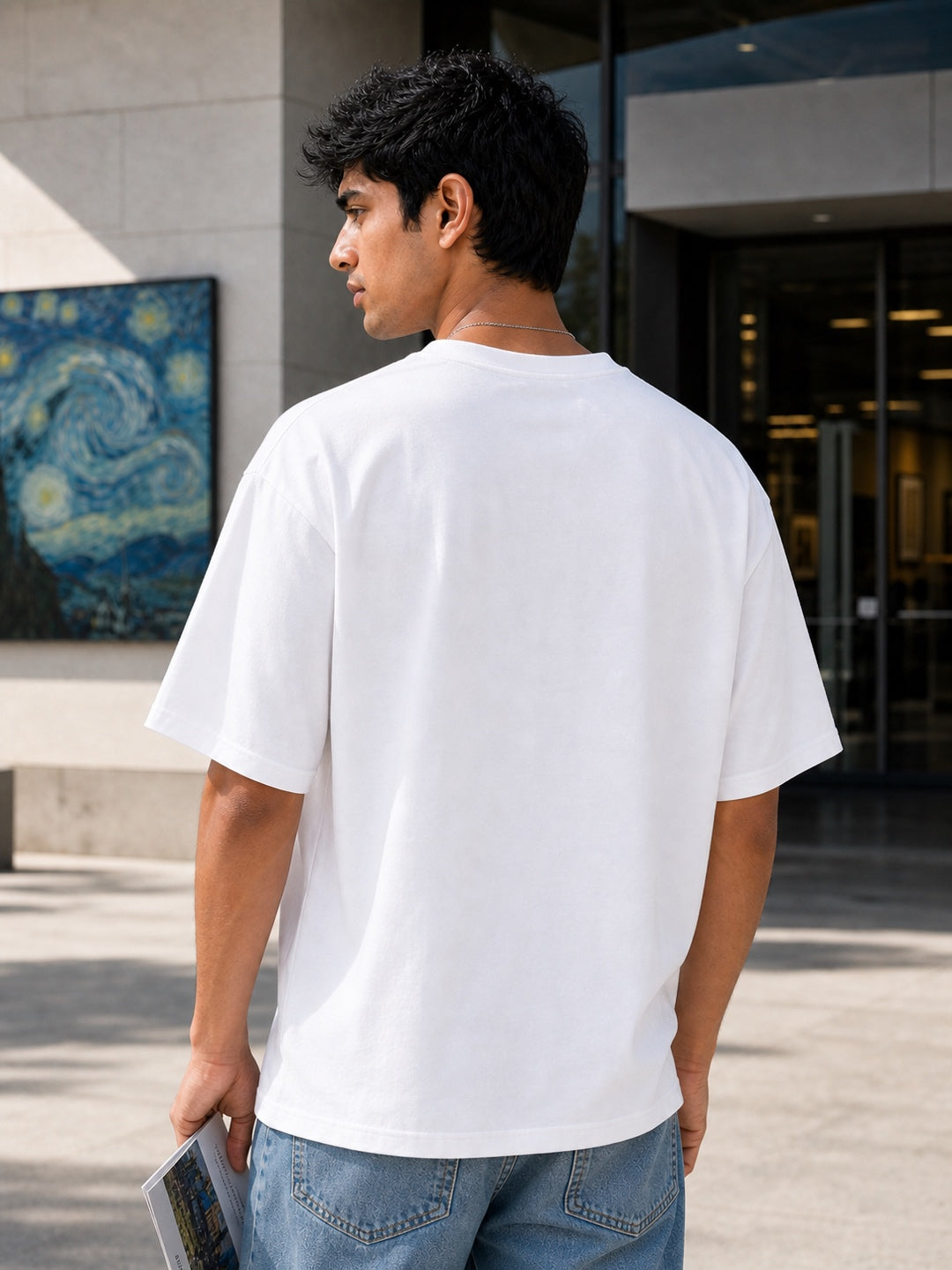 TeeVybe Men’s White Graphic Printed Oversized T-Shirt | Van Gogh Starry Night Artwork Casual Streetwear Tee