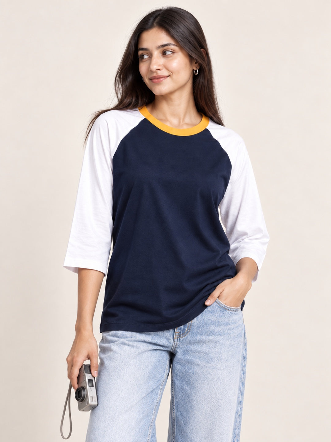 TeeVybe Women’s Navy Blue & White 3/4 Sleeve Raglan T-Shirt with Yellow Neck