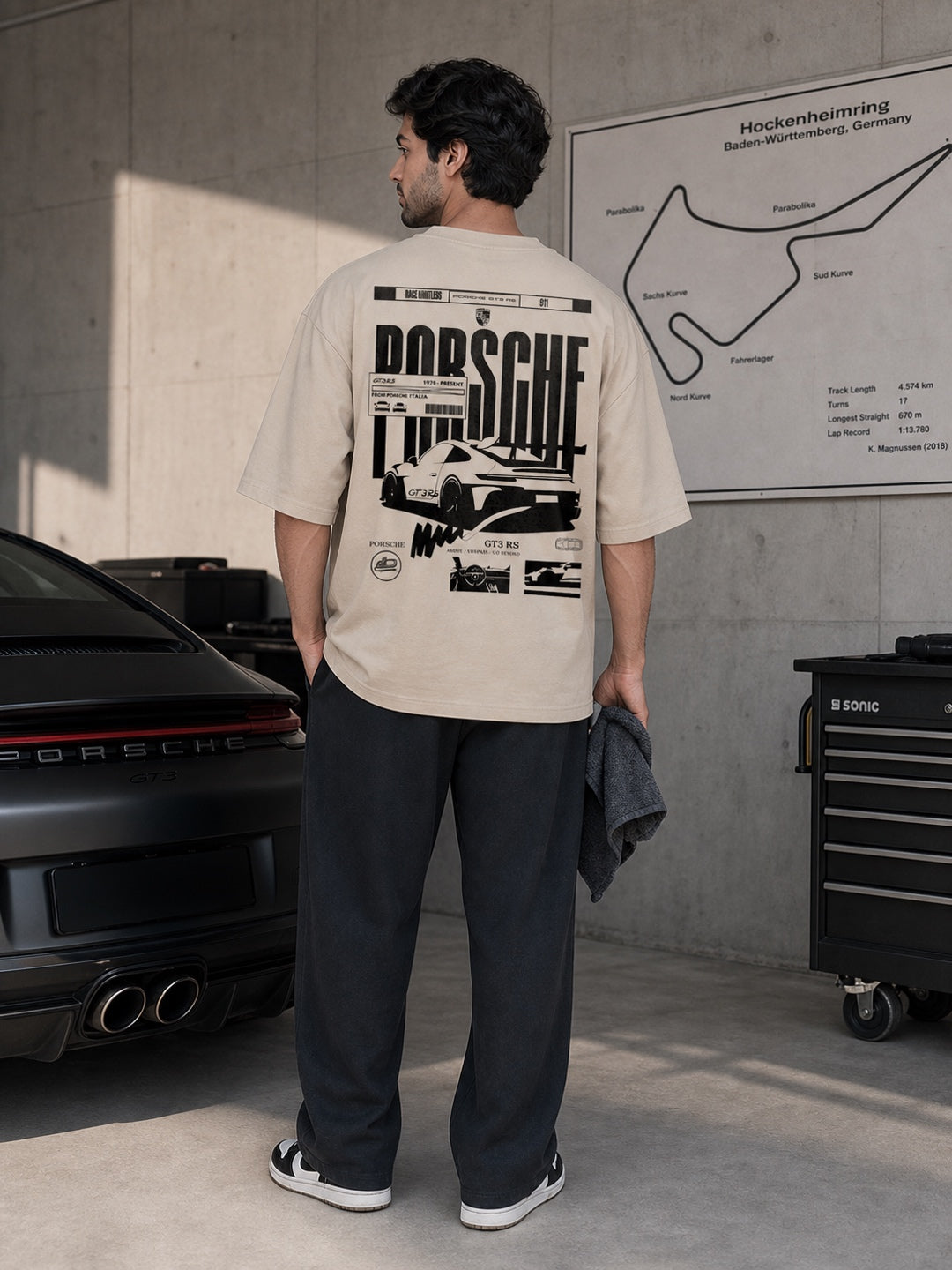 TeeVybe Men’s Beige Porsche GT3 RS Car Graphic Printed Oversized T-Shirt | Premium Automotive Streetwear Tee