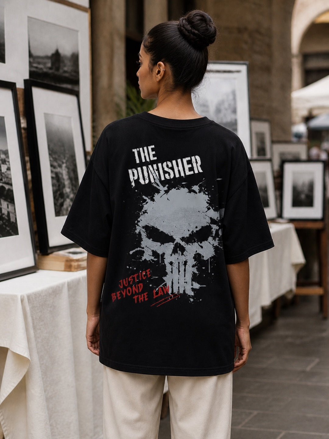 TeeVybe Women’s Black Graphic Printed Oversized T-Shirt | The Punisher Skull Graphic Back Print Streetwear Tee