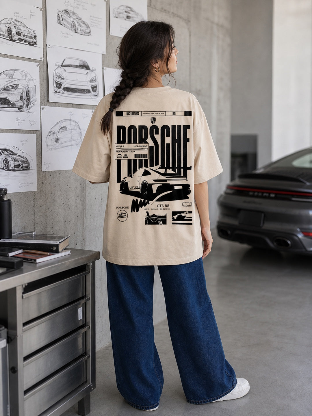 TeeVybe Women’s Beige Graphic Printed Oversized T-Shirt | Porsche Car Racing Graphic Back Print Streetwear Tee