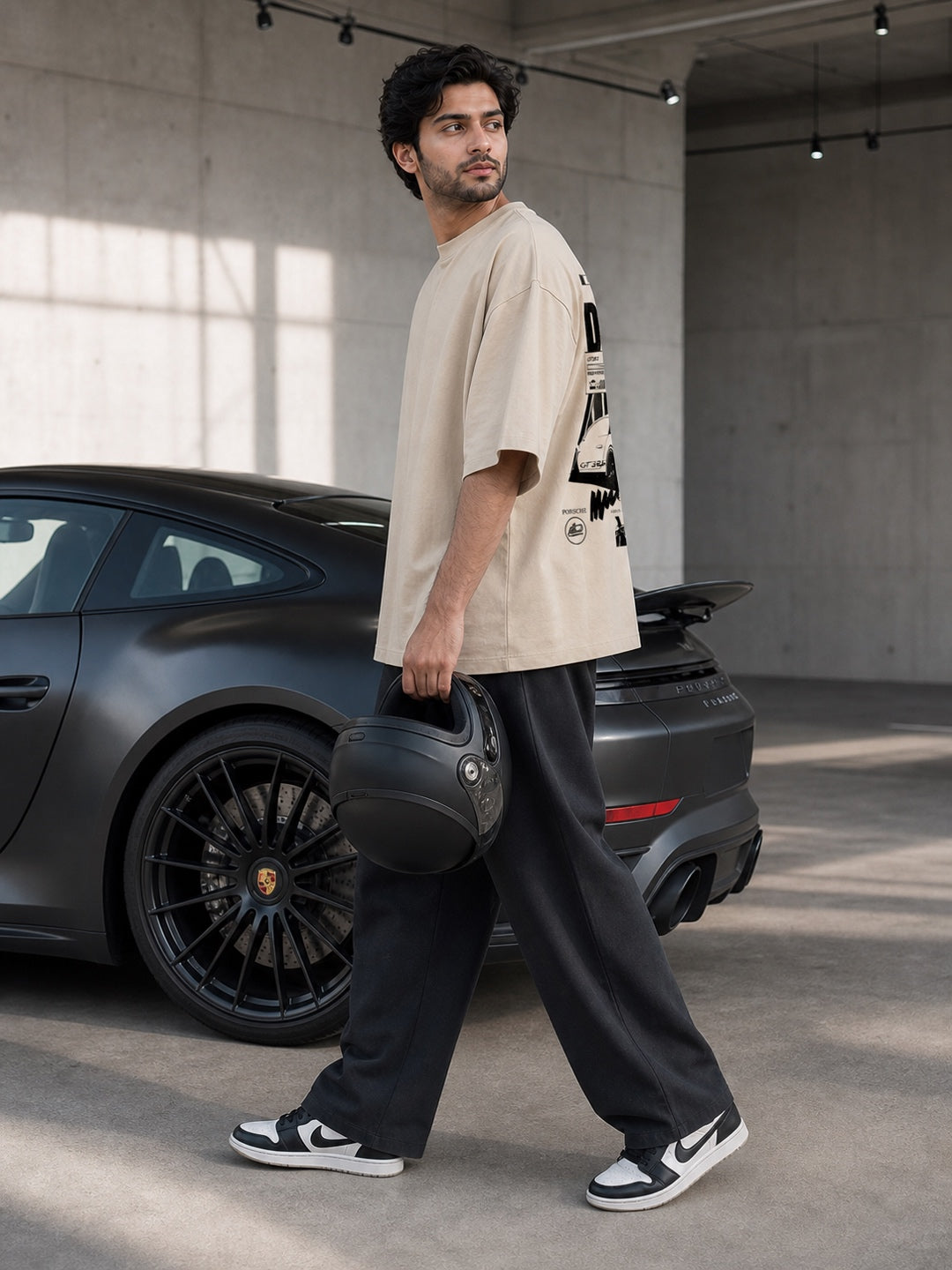 TeeVybe Men’s Beige Porsche GT3 RS Car Graphic Printed Oversized T-Shirt | Premium Automotive Streetwear Tee