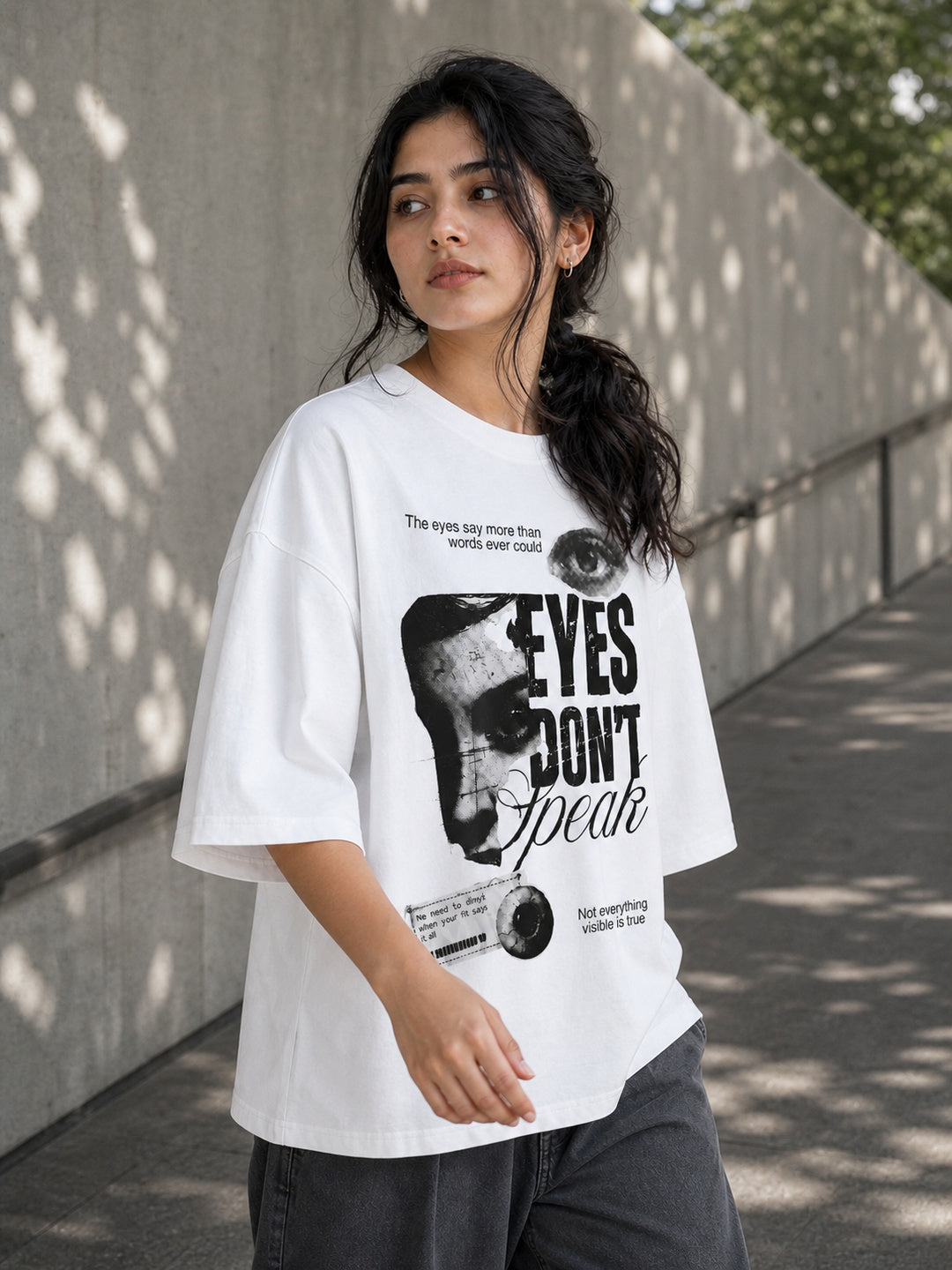 Tevybe Unisex Oversized White T-Shirt – Eyes Don’t Speak Graphic Printed Tee