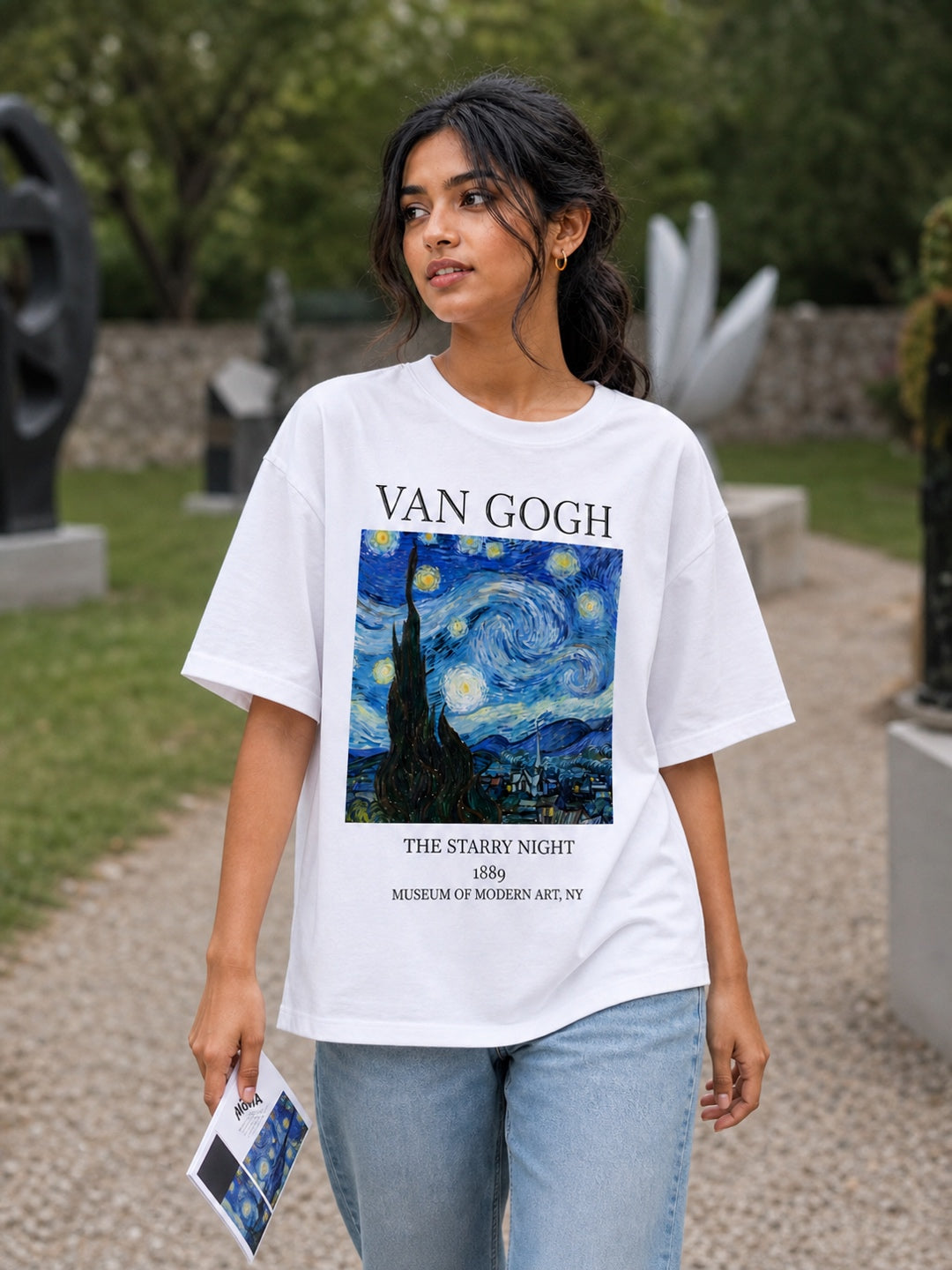 TeeVybe Women’s White Graphic Printed Oversized T-Shirt | Van Gogh Starry Night Artwork Casual Streetwear Tee
