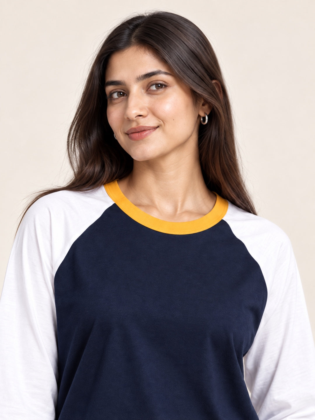 TeeVybe Women’s Navy Blue & White 3/4 Sleeve Raglan T-Shirt with Yellow Neck