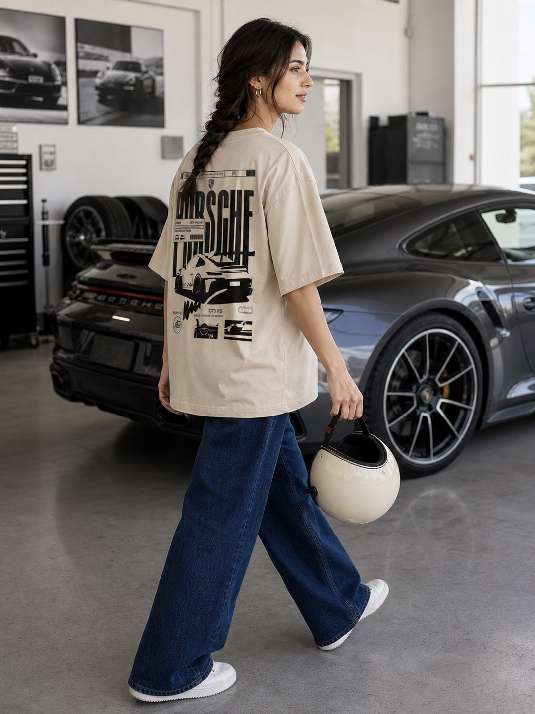 TeeVybe Women’s Beige Graphic Printed Oversized T-Shirt | Porsche Car Racing Graphic Back Print Streetwear Tee