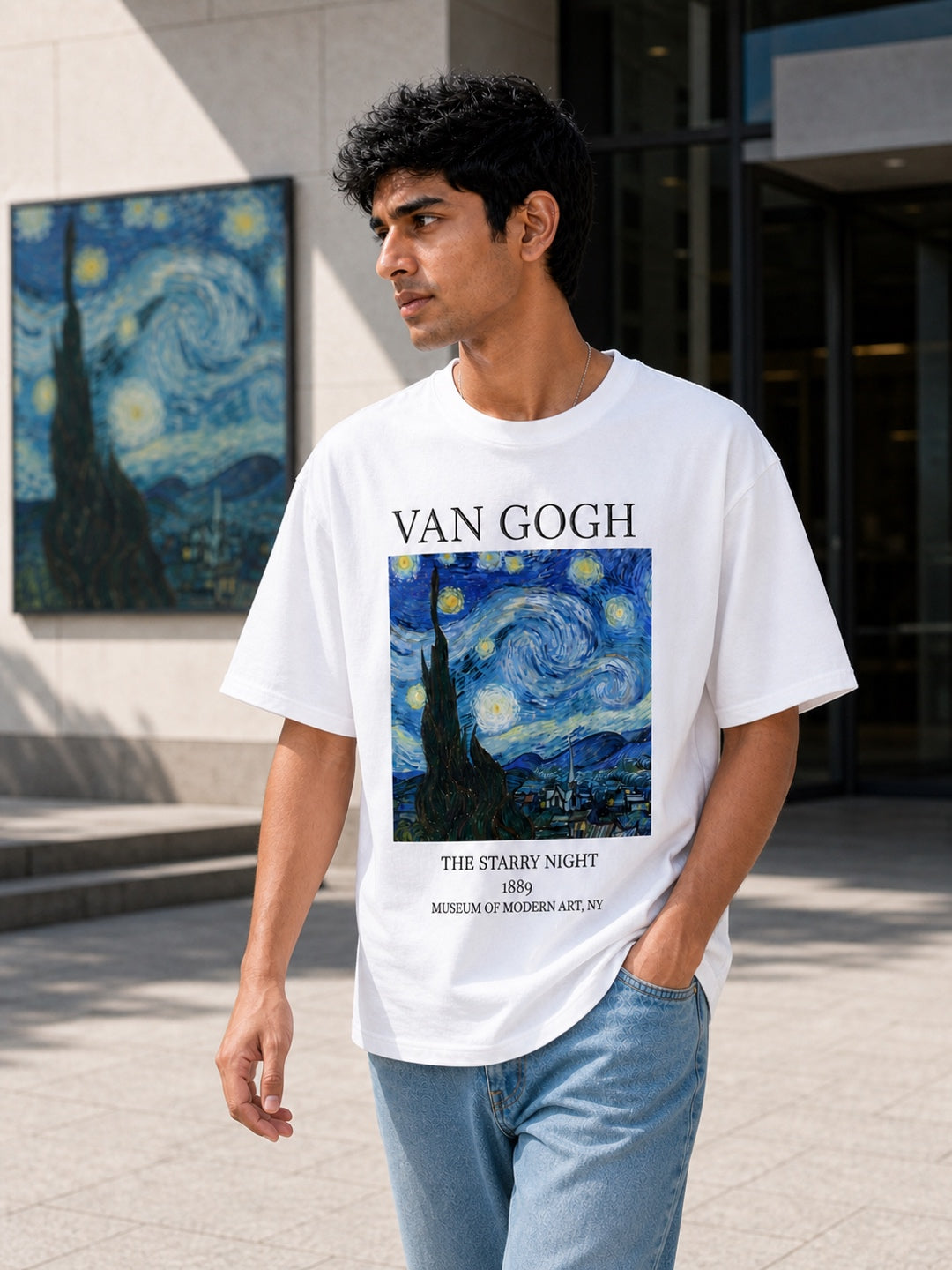 TeeVybe Men’s White Graphic Printed Oversized T-Shirt | Van Gogh Starry Night Artwork Casual Streetwear Tee