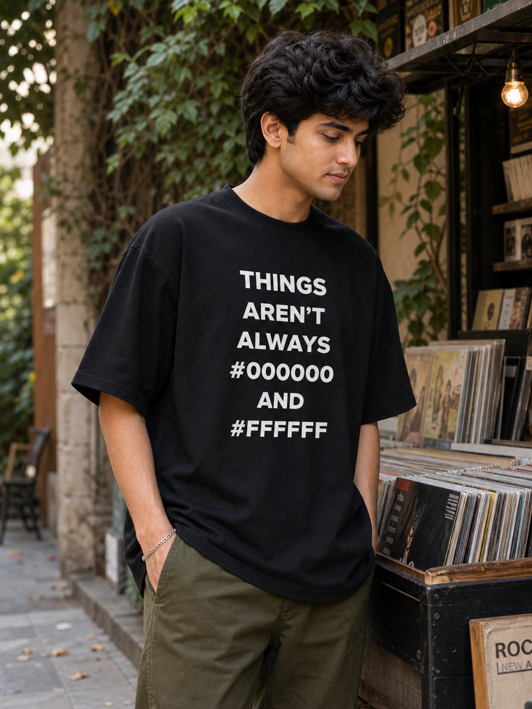 TeeVybe Men’s Black Graphic Printed Oversized T-Shirt | Things Aren’t Always Black & White Typography Tee