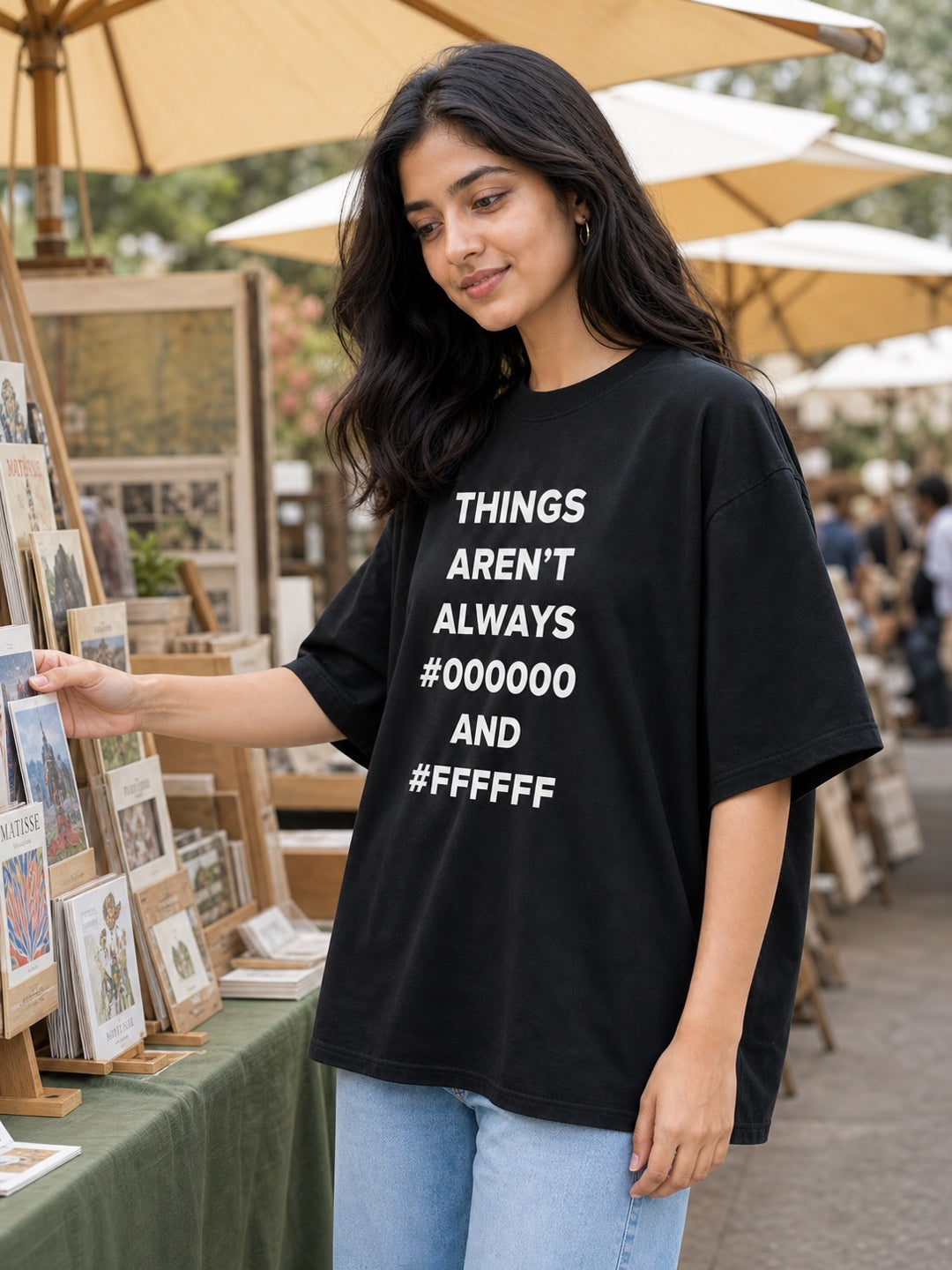 TeeVybe Women’s Black Graphic Printed Oversized T-Shirt | Things Aren’t Always Black & White Typography Tee