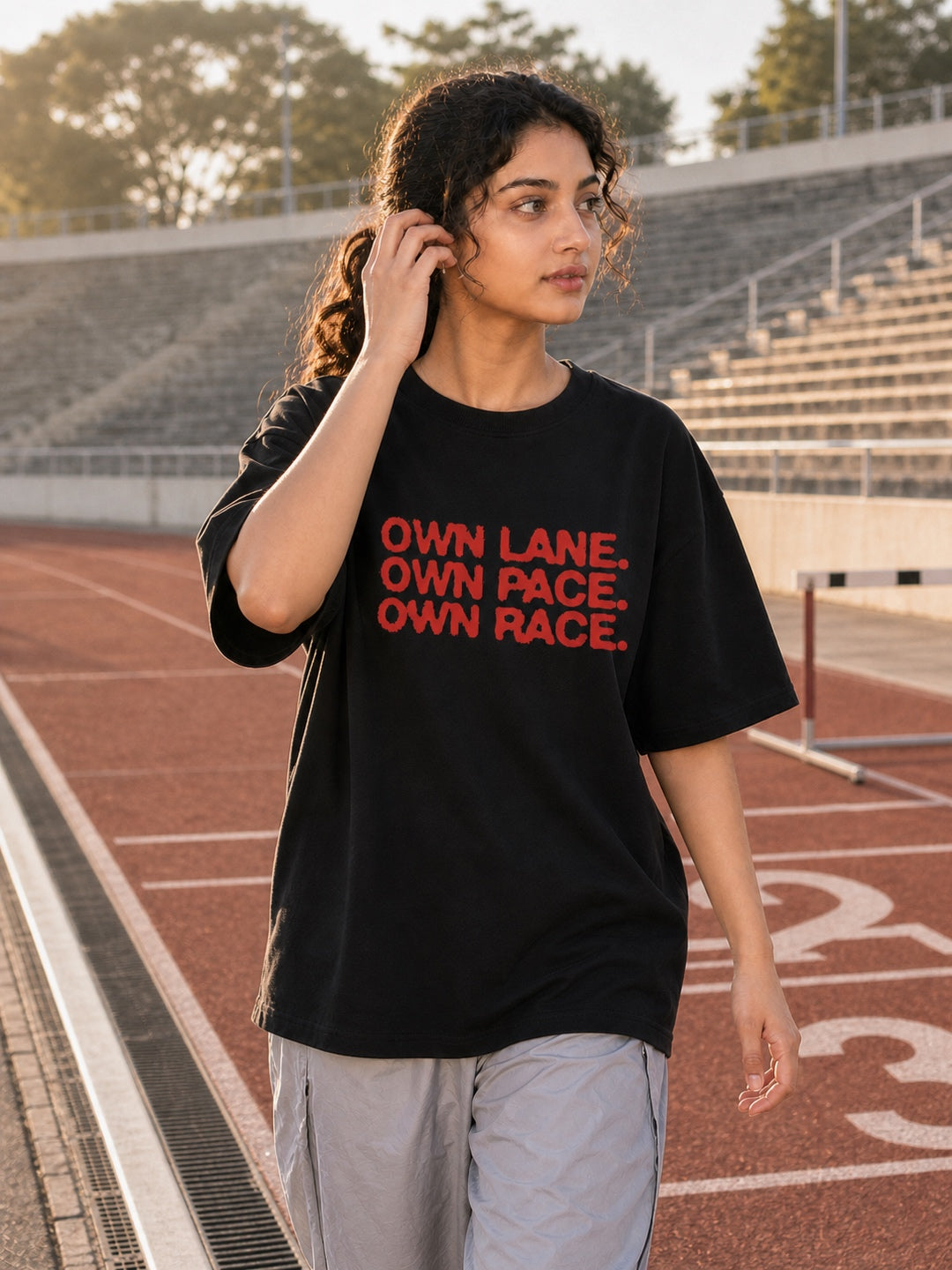 Tevybe Unisex Oversized Black T-Shirt – Own Lane Own Pace Own Race Graphic Print