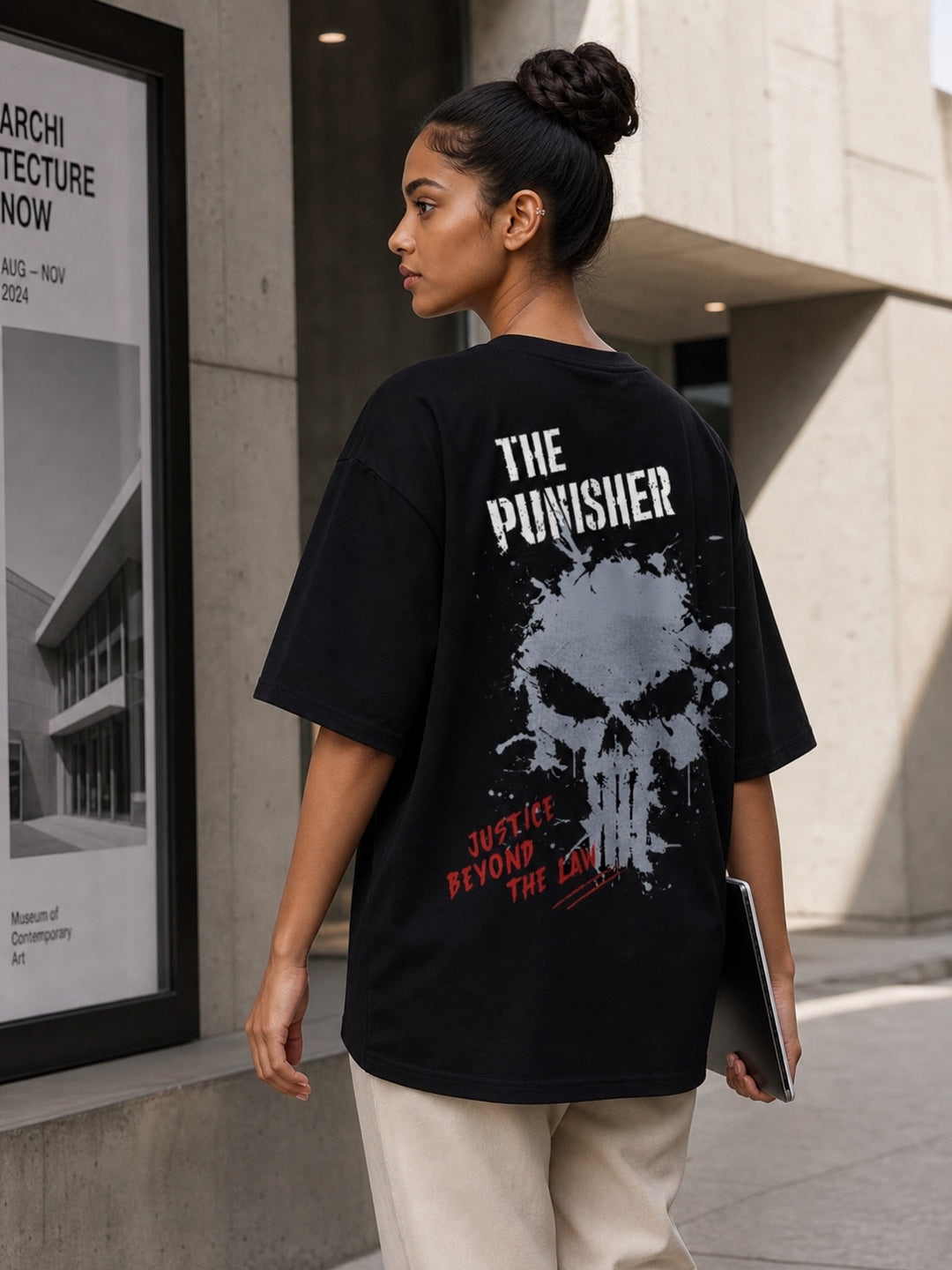 TeeVybe Women’s Black Graphic Printed Oversized T-Shirt | The Punisher Skull Graphic Back Print Streetwear Tee
