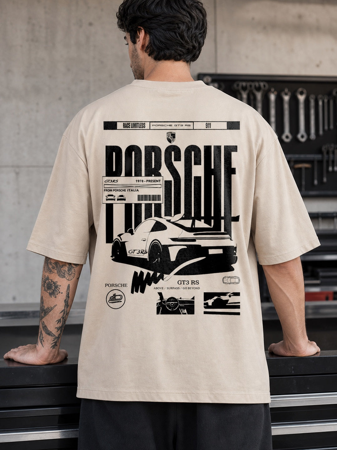 TeeVybe Men’s Beige Porsche GT3 RS Car Graphic Printed Oversized T-Shirt | Premium Automotive Streetwear Tee