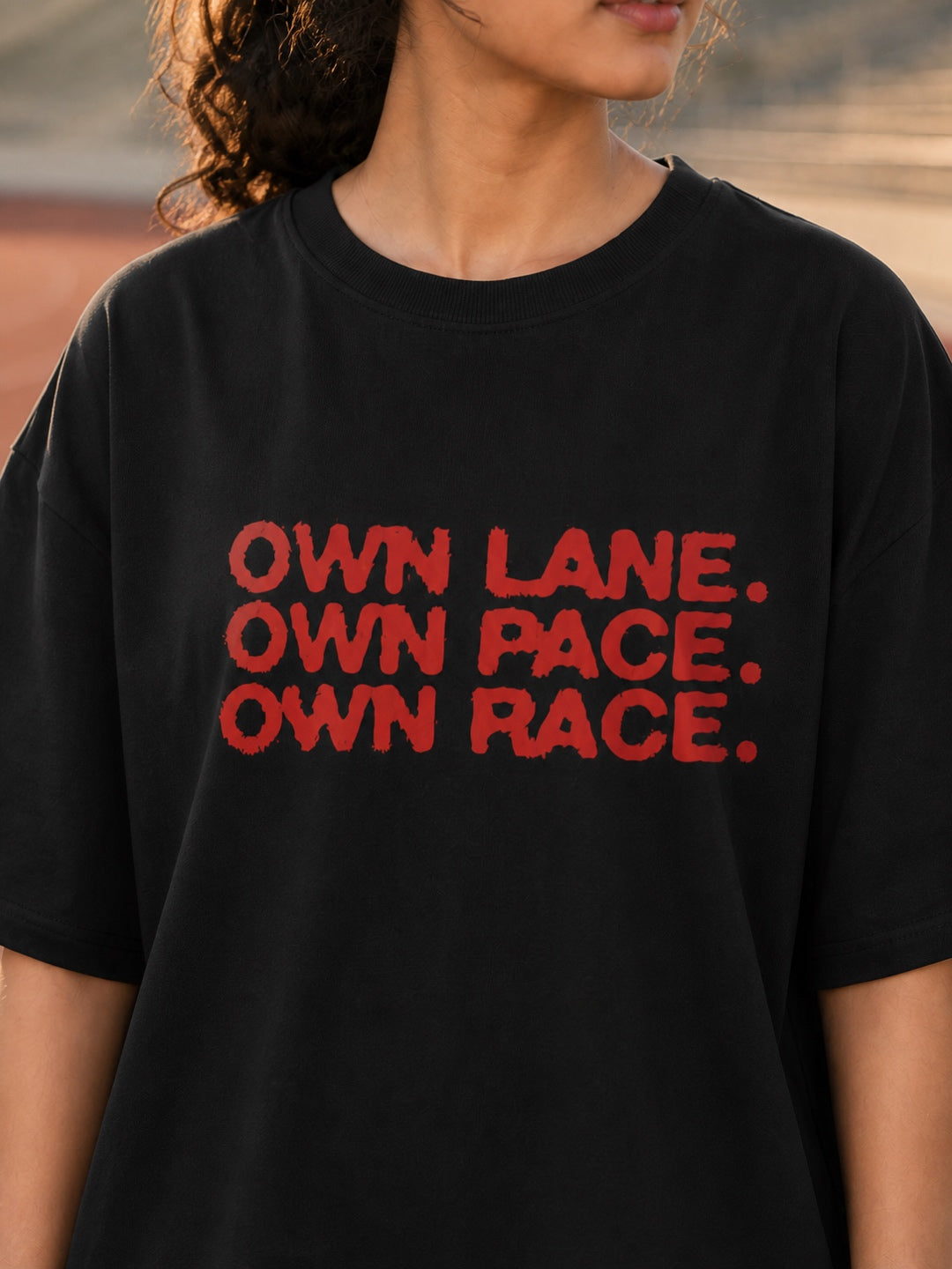 Tevybe Unisex Oversized Black T-Shirt – Own Lane Own Pace Own Race Graphic Print