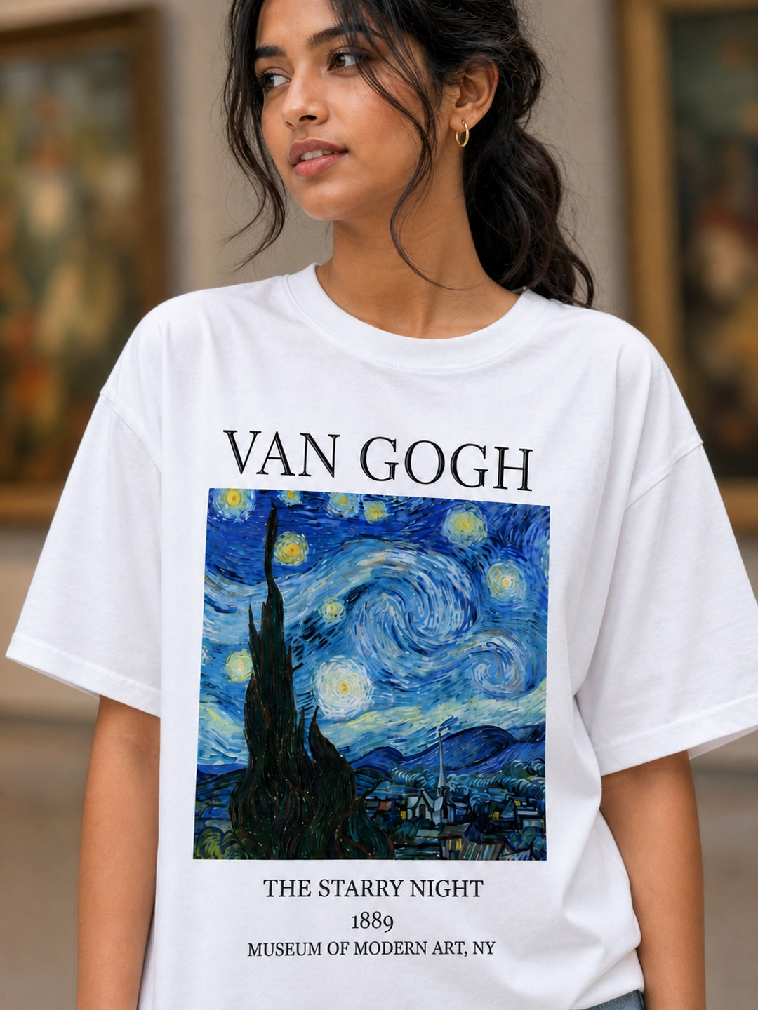 TeeVybe Women’s White Graphic Printed Oversized T-Shirt | Van Gogh Starry Night Artwork Casual Streetwear Tee