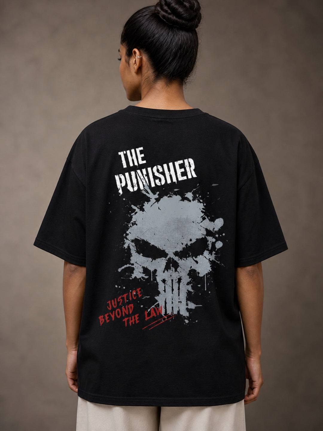 TeeVybe Women’s Black Graphic Printed Oversized T-Shirt | The Punisher Skull Graphic Back Print Streetwear Tee