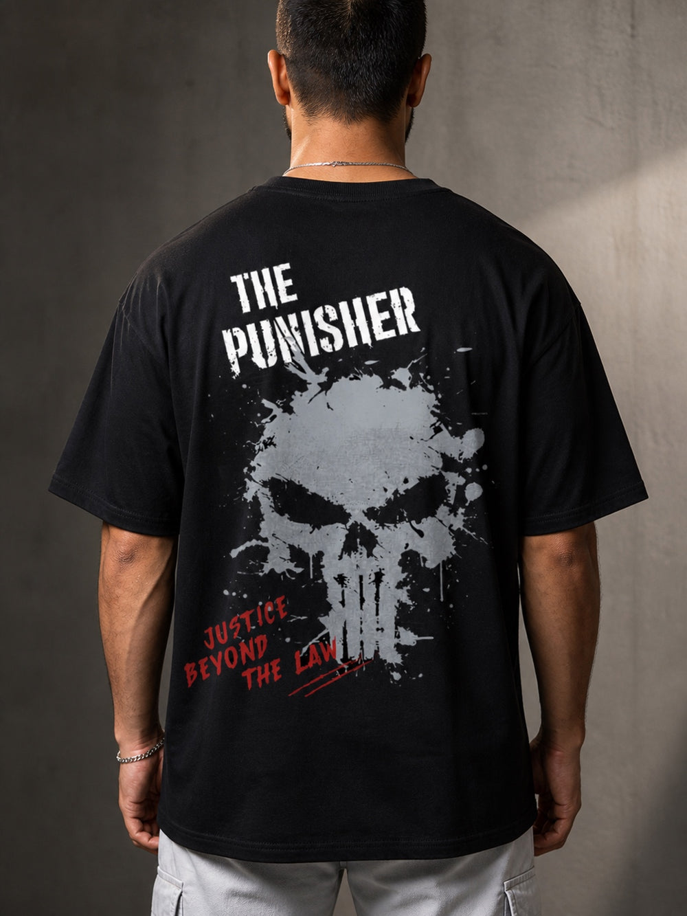 TeeVybe Men’s Black Graphic Printed Oversized T-Shirt | The Punisher Skull Graphic Back Print Streetwear Tee