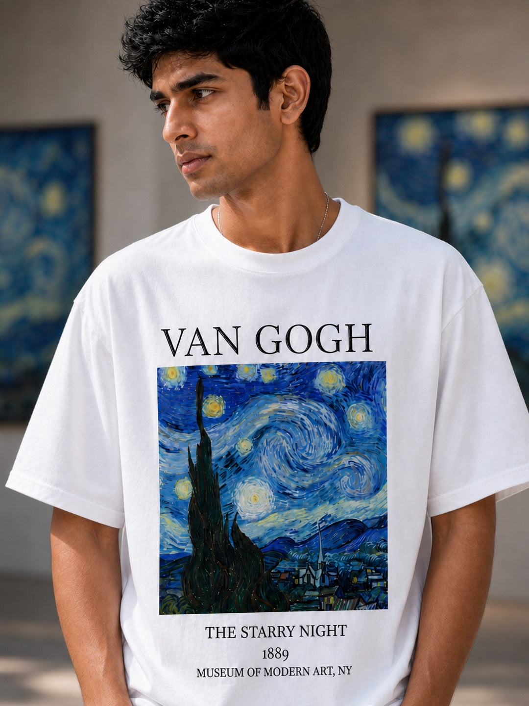 TeeVybe Men’s White Graphic Printed Oversized T-Shirt | Van Gogh Starry Night Artwork Casual Streetwear Tee