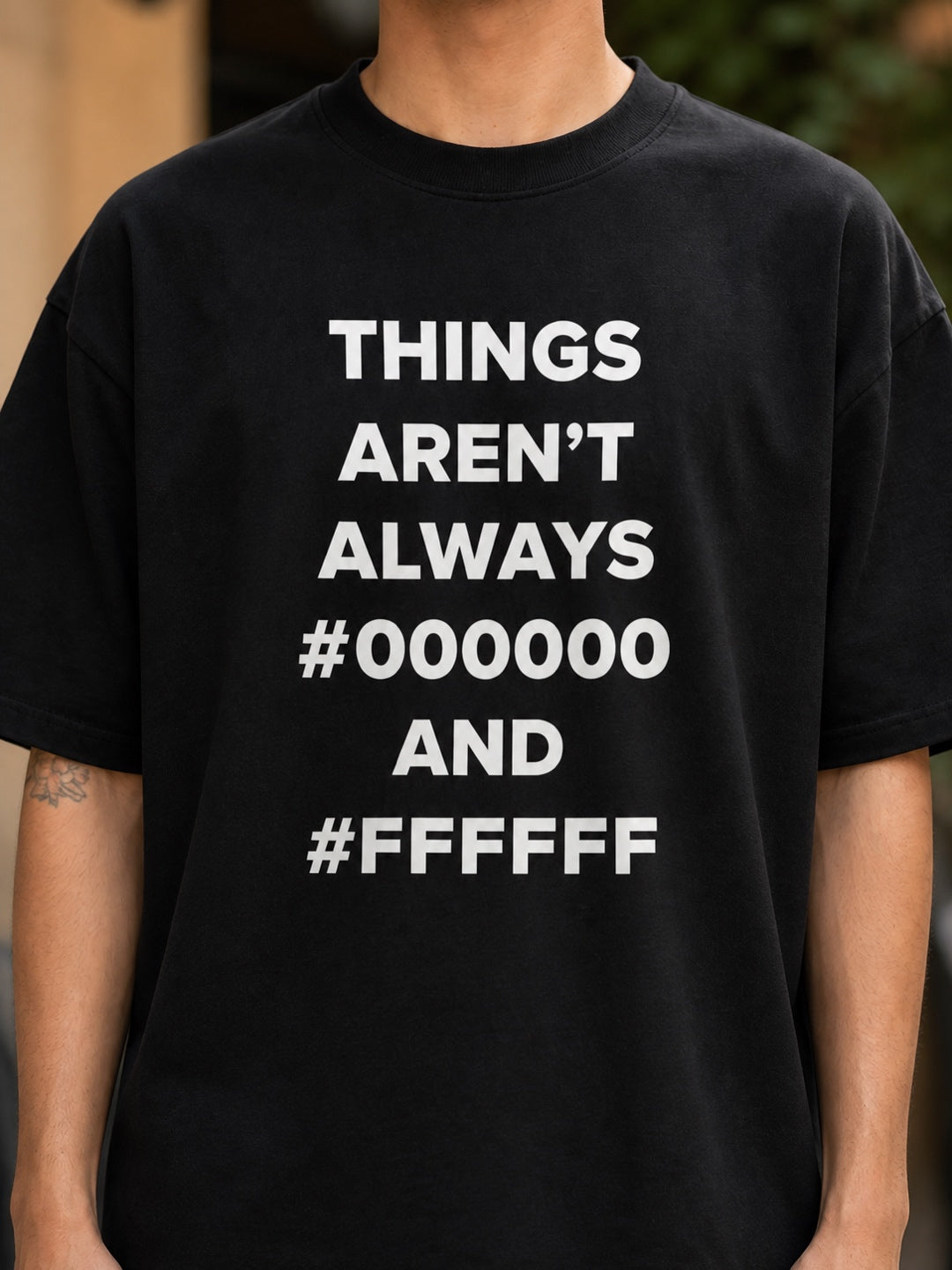 TeeVybe Men’s Black Graphic Printed Oversized T-Shirt | Things Aren’t Always Black & White Typography Tee