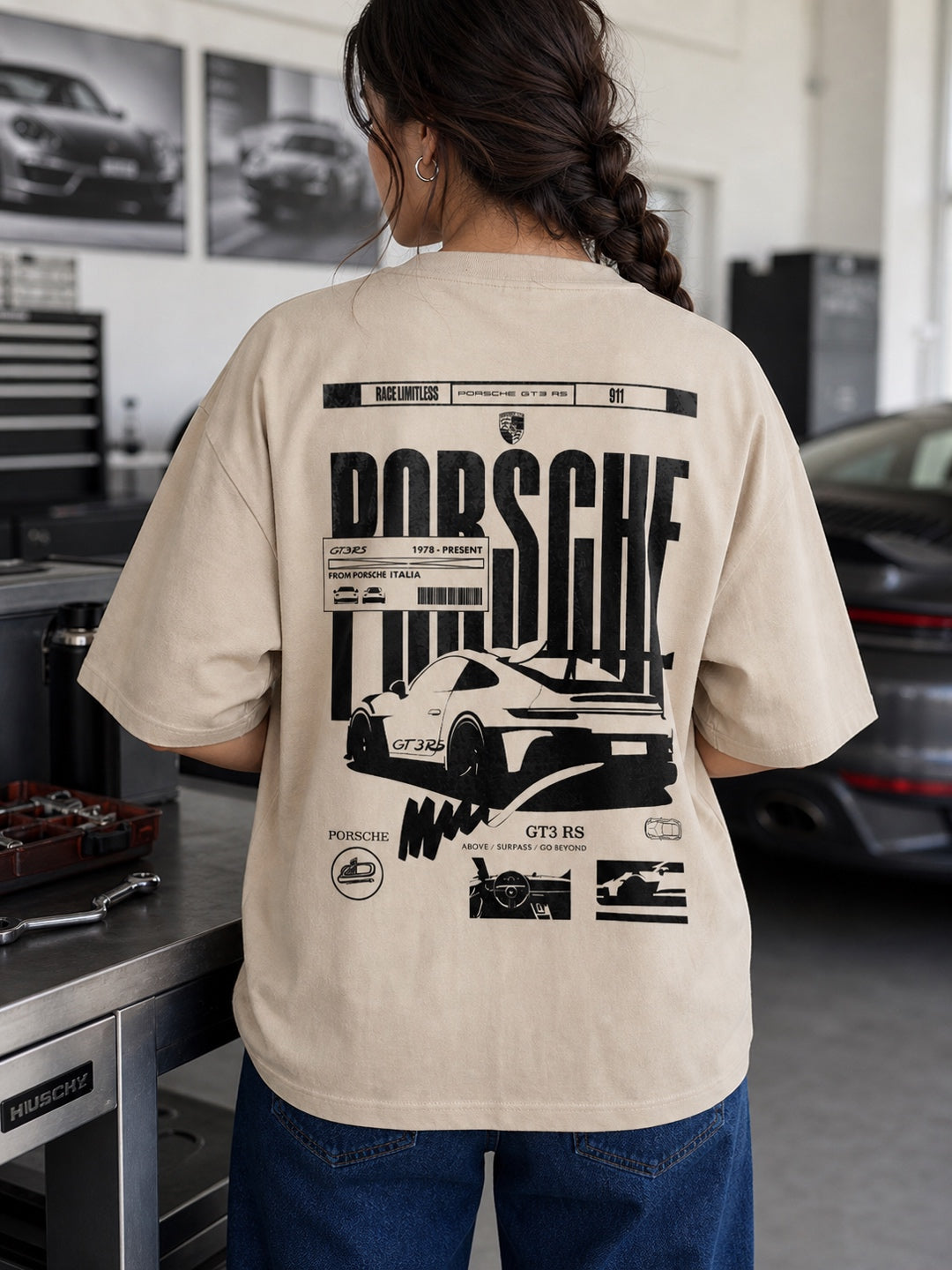 TeeVybe Women’s Beige Graphic Printed Oversized T-Shirt | Porsche Car Racing Graphic Back Print Streetwear Tee