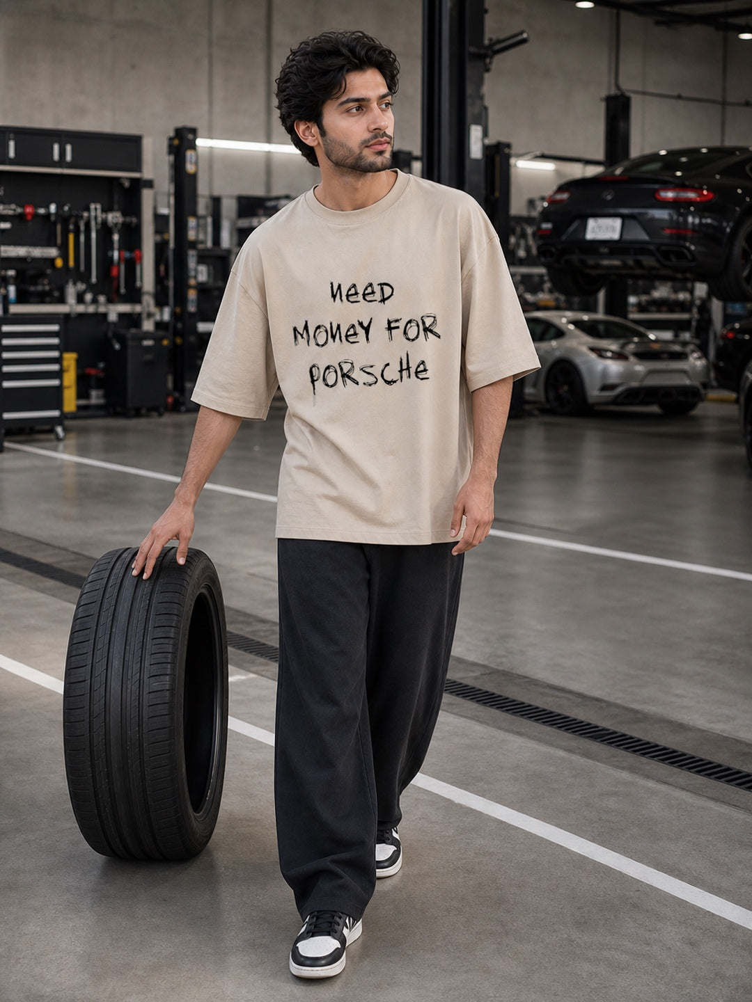 TeeVybe Men’s Beige Porsche GT3 RS Car Graphic Printed Oversized T-Shirt | Premium Automotive Streetwear Tee