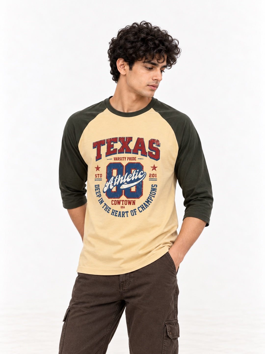Texas Sand and Olive 3/4 Sleeve Raglan T-Shirt