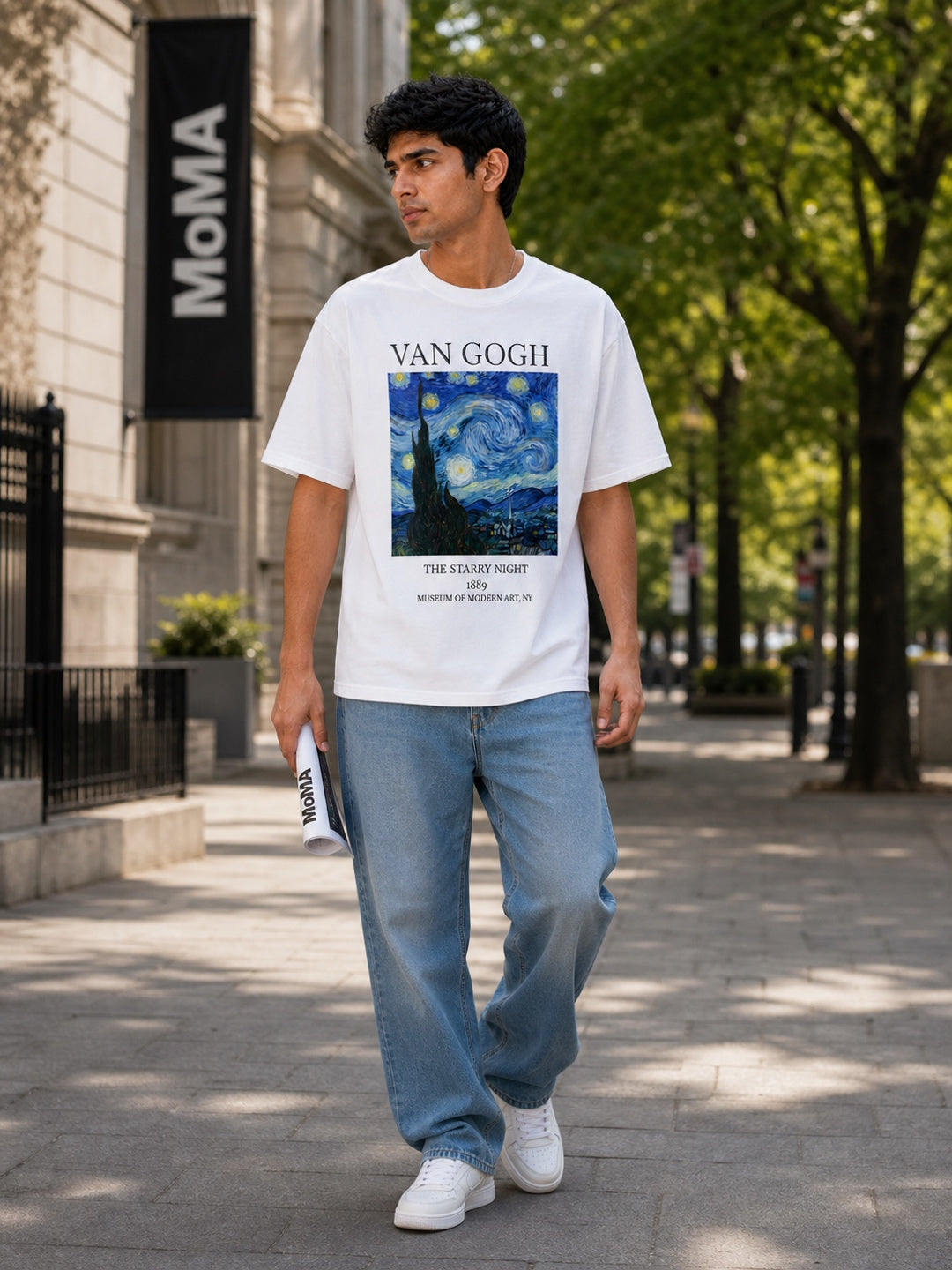 TeeVybe Men’s White Graphic Printed Oversized T-Shirt | Van Gogh Starry Night Artwork Casual Streetwear Tee