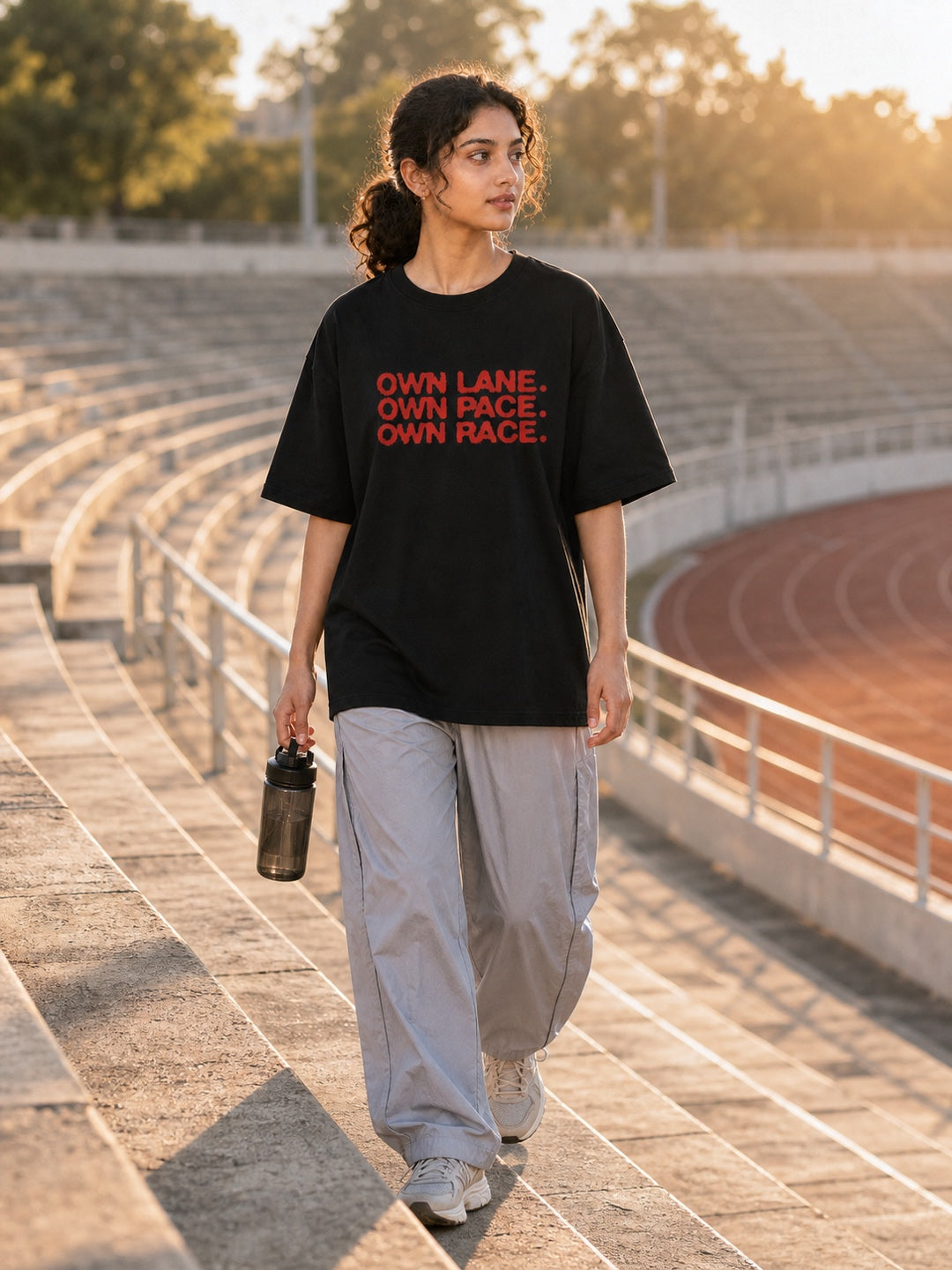 Tevybe Unisex Oversized Black T-Shirt – Own Lane Own Pace Own Race Graphic Print