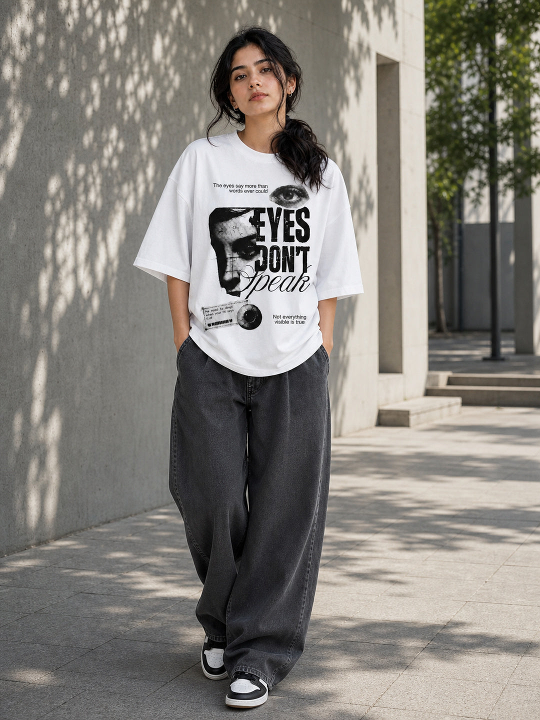 Tevybe Unisex Oversized White T-Shirt – Eyes Don’t Speak Graphic Printed Tee