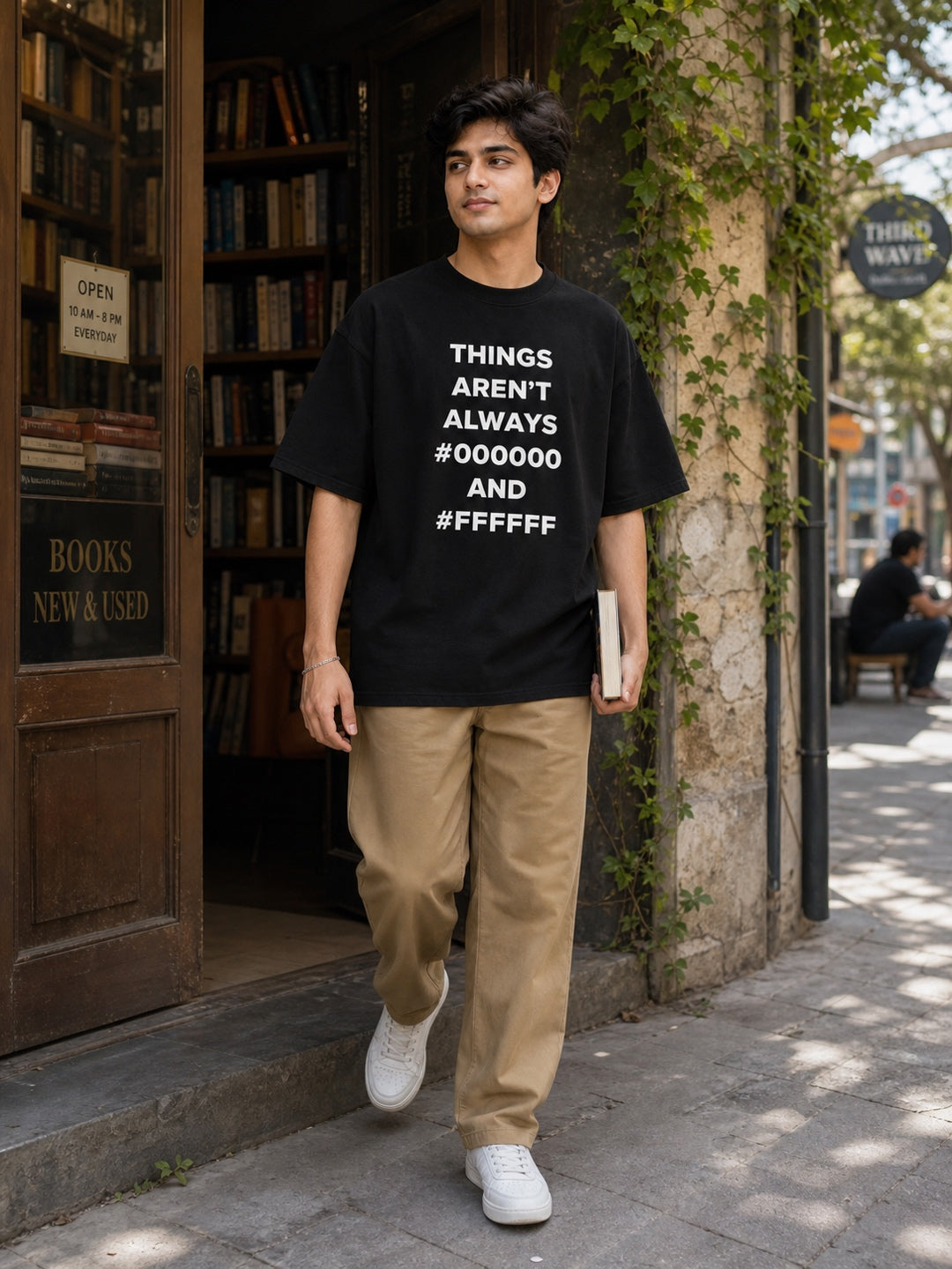 TeeVybe Men’s Black Graphic Printed Oversized T-Shirt | Things Aren’t Always Black & White Typography Tee