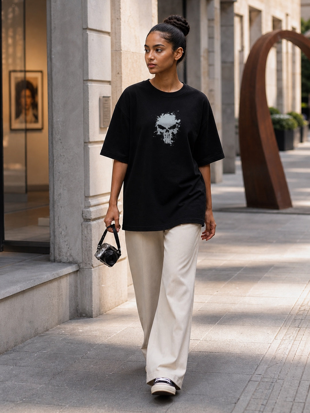 TeeVybe Women’s Black Graphic Printed Oversized T-Shirt | The Punisher Skull Graphic Back Print Streetwear Tee