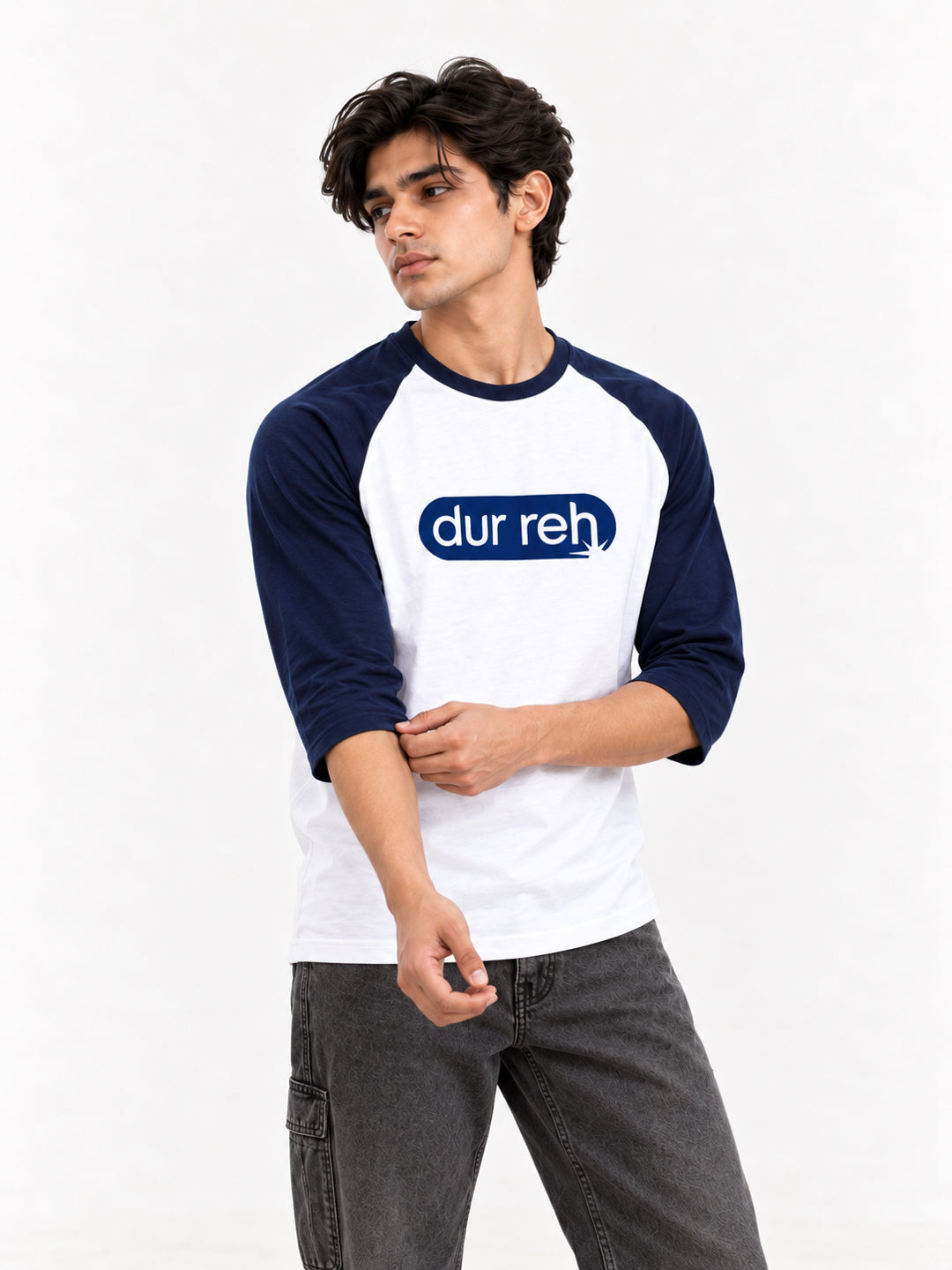 Dur Reh 3/4 Sleeve Raglan White and Navy