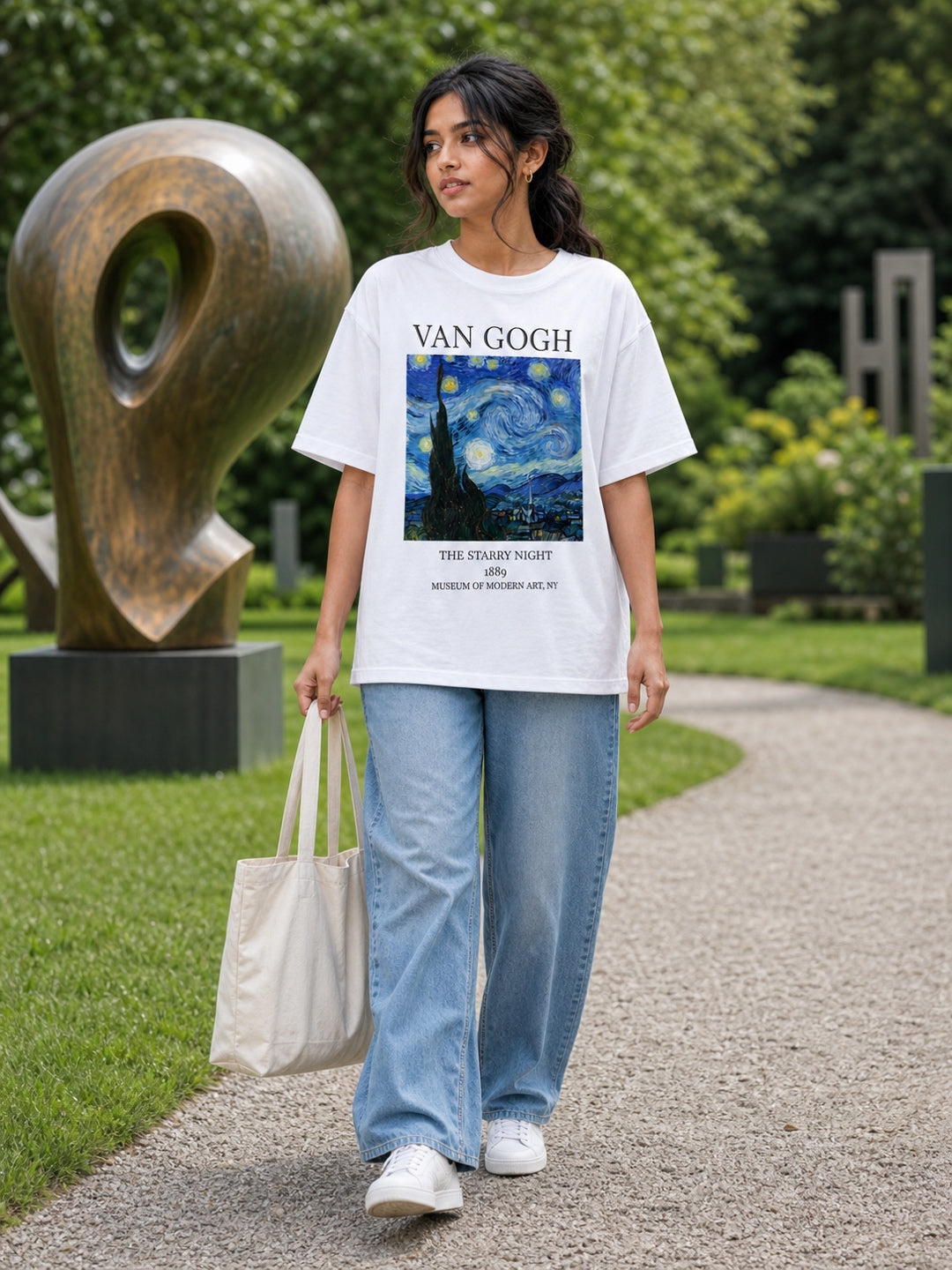 TeeVybe Women’s White Graphic Printed Oversized T-Shirt | Van Gogh Starry Night Artwork Casual Streetwear Tee