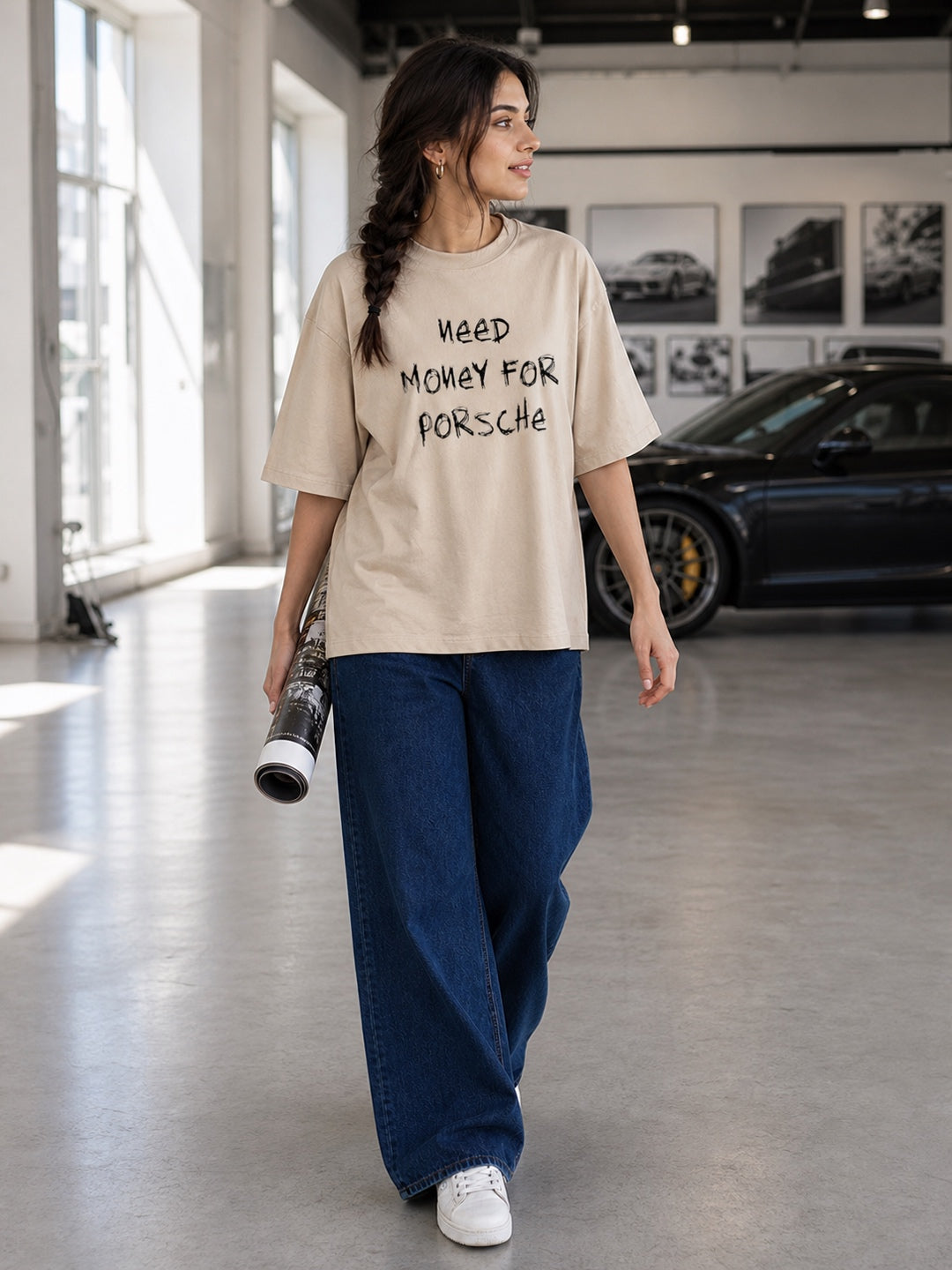 TeeVybe Women’s Beige Graphic Printed Oversized T-Shirt | Porsche Car Racing Graphic Back Print Streetwear Tee