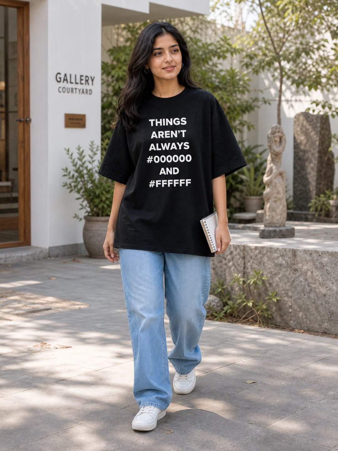 TeeVybe Women’s Black Graphic Printed Oversized T-Shirt | Things Aren’t Always Black & White Typography Tee